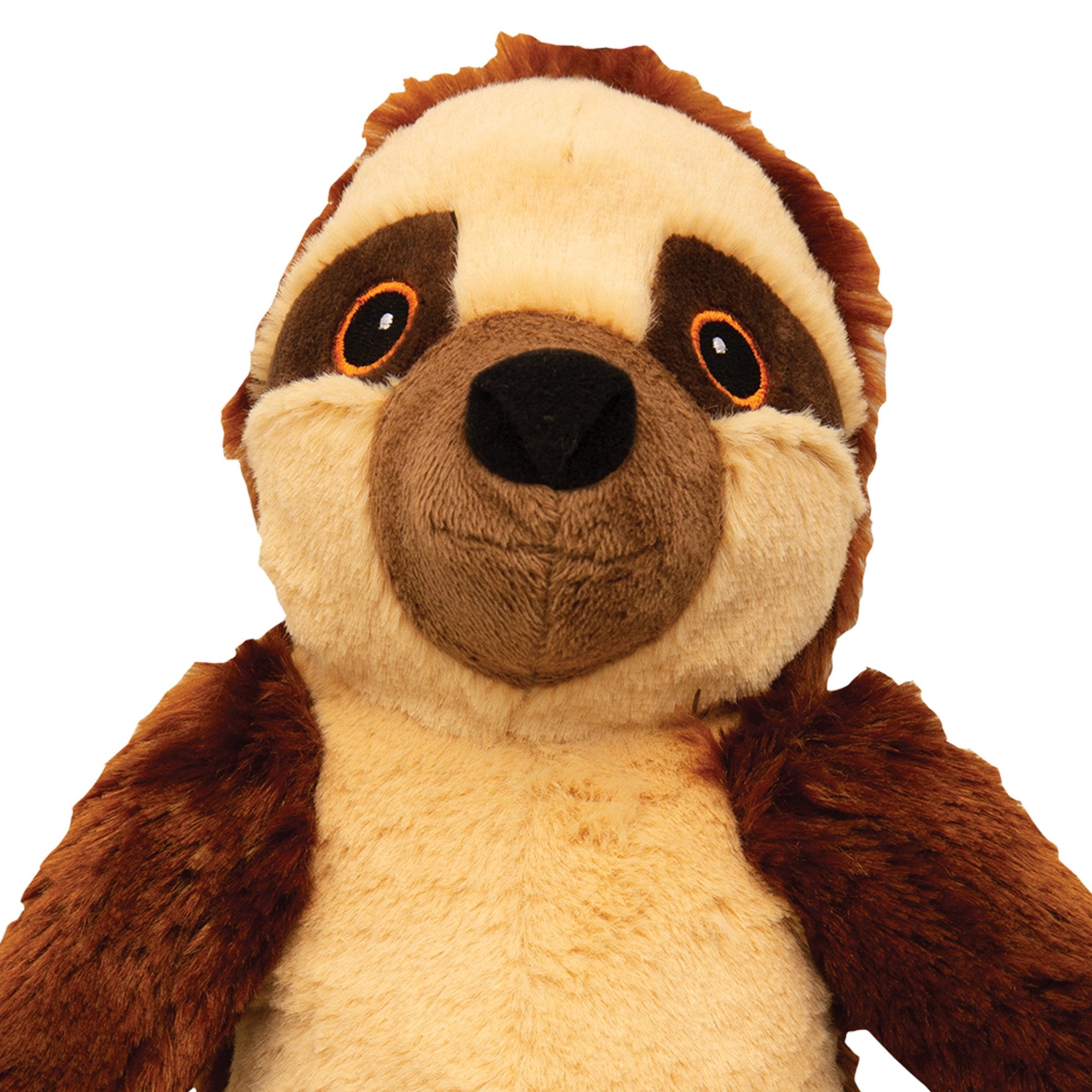 Infographic showing water bottles being recycled into fiber and used as stuffing for toys. Center text: Made from recycled water bottles for Snugarooz Sasha the Sloth plush dog toy stuffing.
