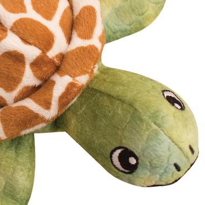 Shelldon the Turtle by Snugarooz is a plush dog toy for medium-sized dogs, featuring a green head and flippers, a brown shell with cream giraffe-like spots, and big cartoon eyes—ideal for cuddling or chewing.