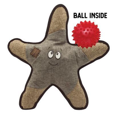 Snugarooz's Sophie the Starfish is a plush dog toy with a smiling face and patch, crafted from textured brown and beige fabric. Features BALL INSIDE with a red spiky rubber ball for long-lasting, adorable play.
