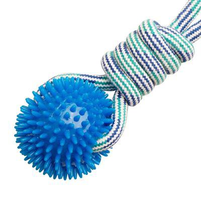 The Snugarooz Spike-O-Mite is a blue spiky ball dog toy with a striped looped rope, perfect for large dogs to chew or enjoy tug-of-war. This durable toy encourages interactive play and fun for your pet.