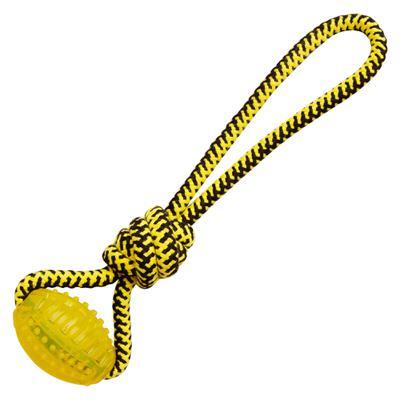 The Snugarooz Tug Buddy is a pink and black dog toy with a braided rope, knotted loop, and textured rubber ball—perfect as a durable chew toy for playful pups.