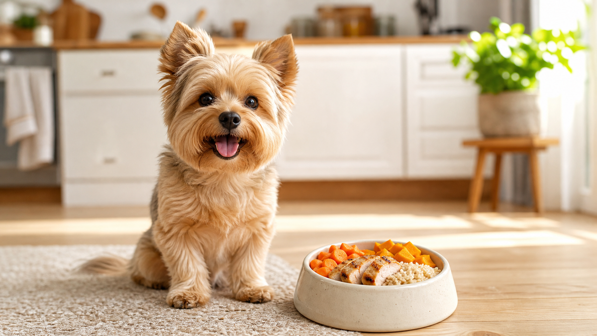 A small breed dog next to a ceramic bowl of human-grade gently-cooked fresh dog food with chicken, pumpkin, and carrots