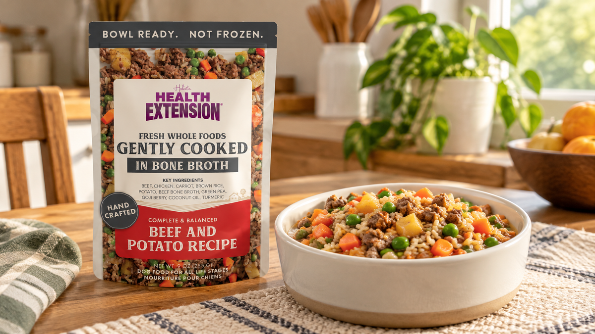 Bowl of human-grade gently-cooked fresh dog food next to Health Extension pouches on a kitchen table
