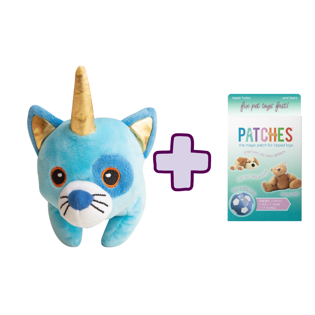 SnugArooz Kit the Caticorn + Patches; a blue stuffed animal next to a package of patches