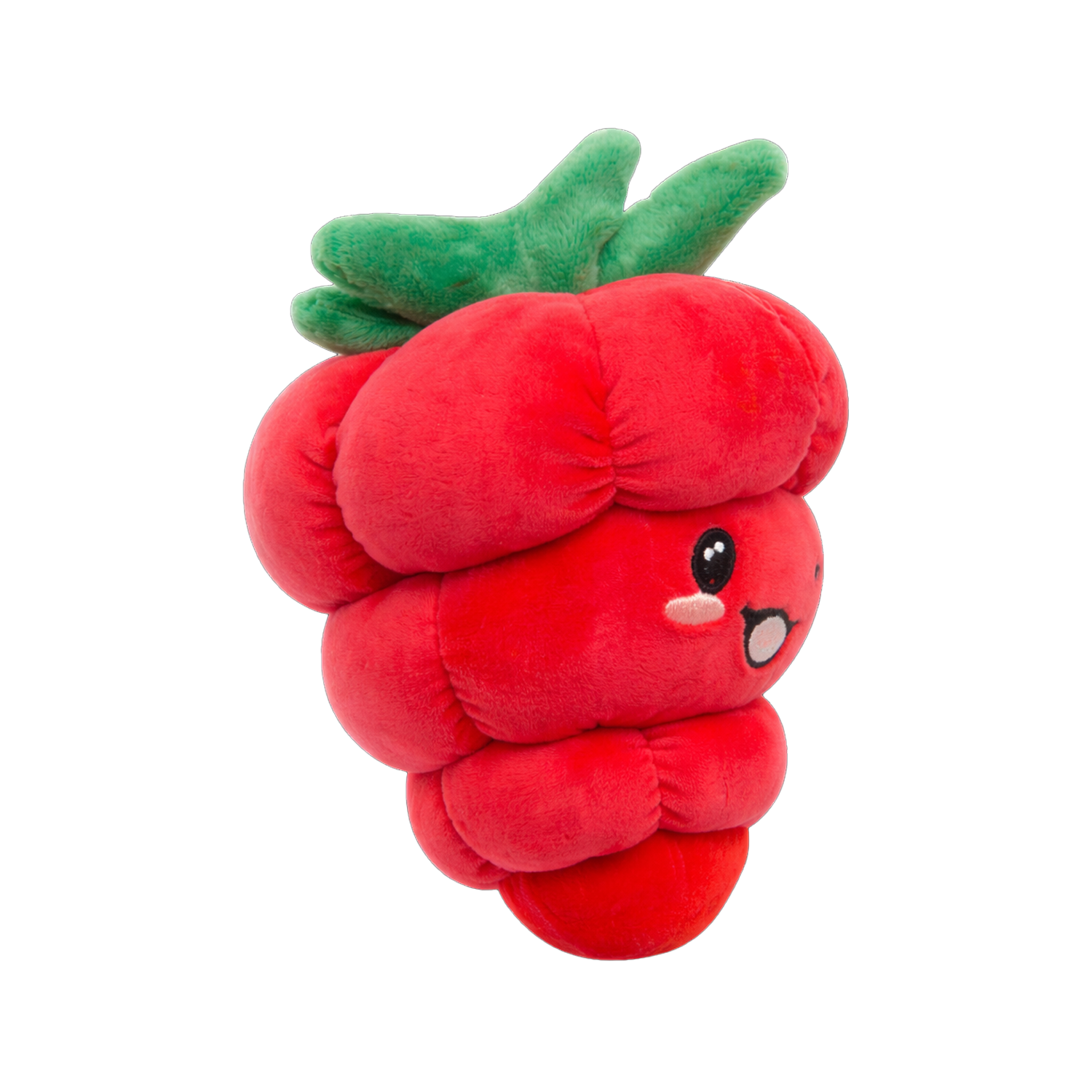 Berry Big by Snugarooz is a soft, plush dog toy shaped like a red raspberry with a green top, smiling and winking, embroidered eyes, wide mouth, and pink cheeks—perfect for playful pups and stands out against any background.