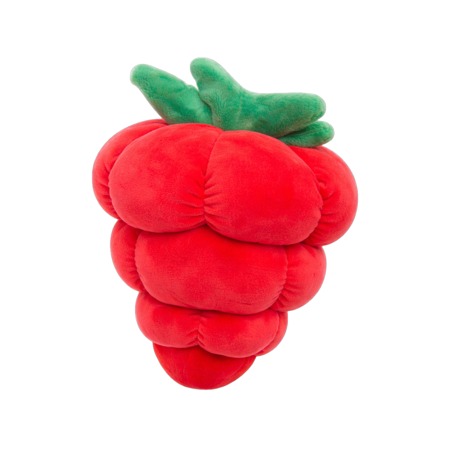 Berry Big by Snugarooz is a soft, plush dog toy shaped like a red raspberry with a green top, smiling and winking, embroidered eyes, wide mouth, and pink cheeks—perfect for playful pups and stands out against any background.