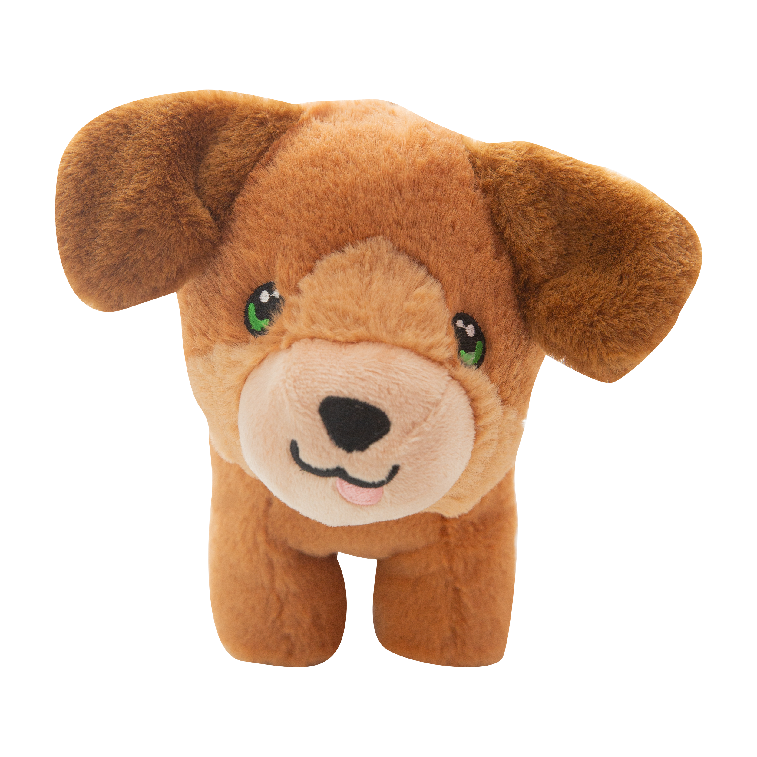 A Snugarooz "Biscuit" plush dog toy stands on all fours against a white background, featuring brown fur, green eyes, a black nose, and a small pink tongue sticking out.