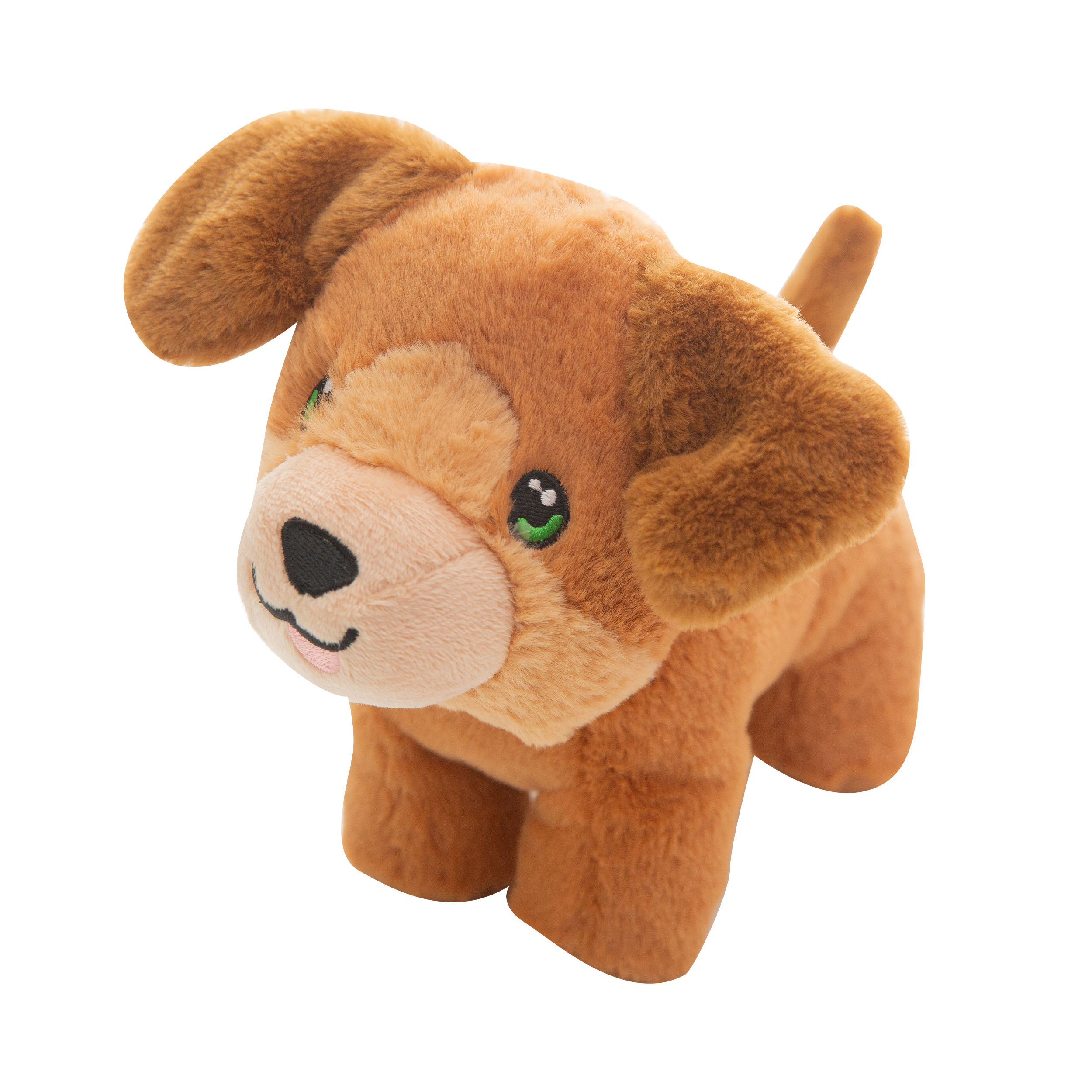 A Snugarooz "Biscuit" plush dog toy stands on all fours against a white background, featuring brown fur, green eyes, a black nose, and a small pink tongue sticking out.
