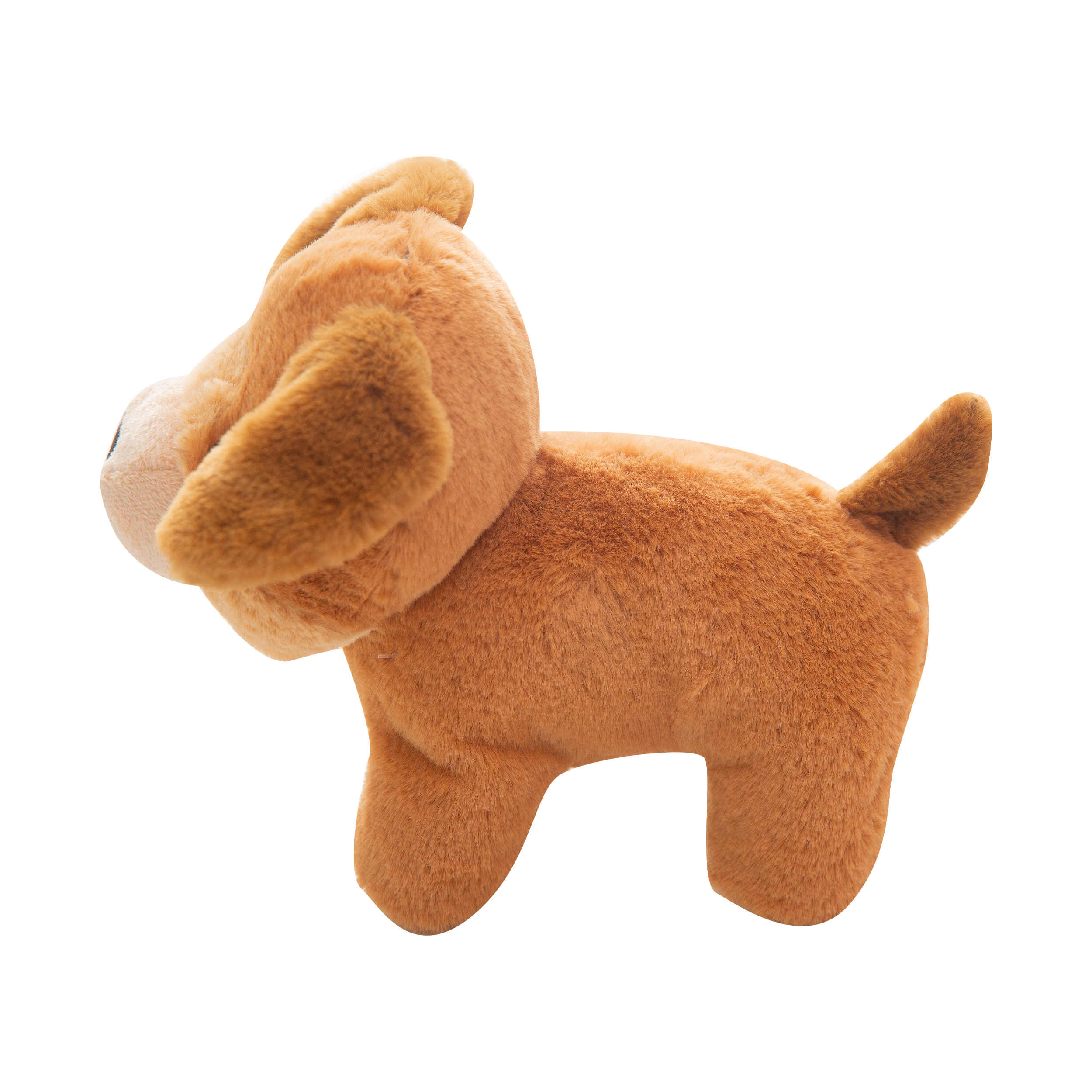 A Snugarooz "Biscuit" plush dog toy stands on all fours against a white background, featuring brown fur, green eyes, a black nose, and a small pink tongue sticking out.