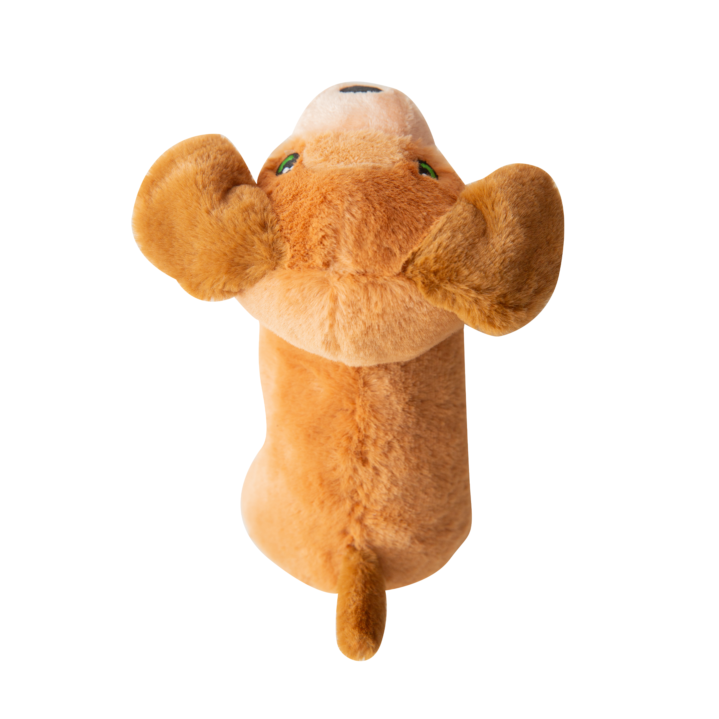 A Snugarooz "Biscuit" plush dog toy stands on all fours against a white background, featuring brown fur, green eyes, a black nose, and a small pink tongue sticking out.