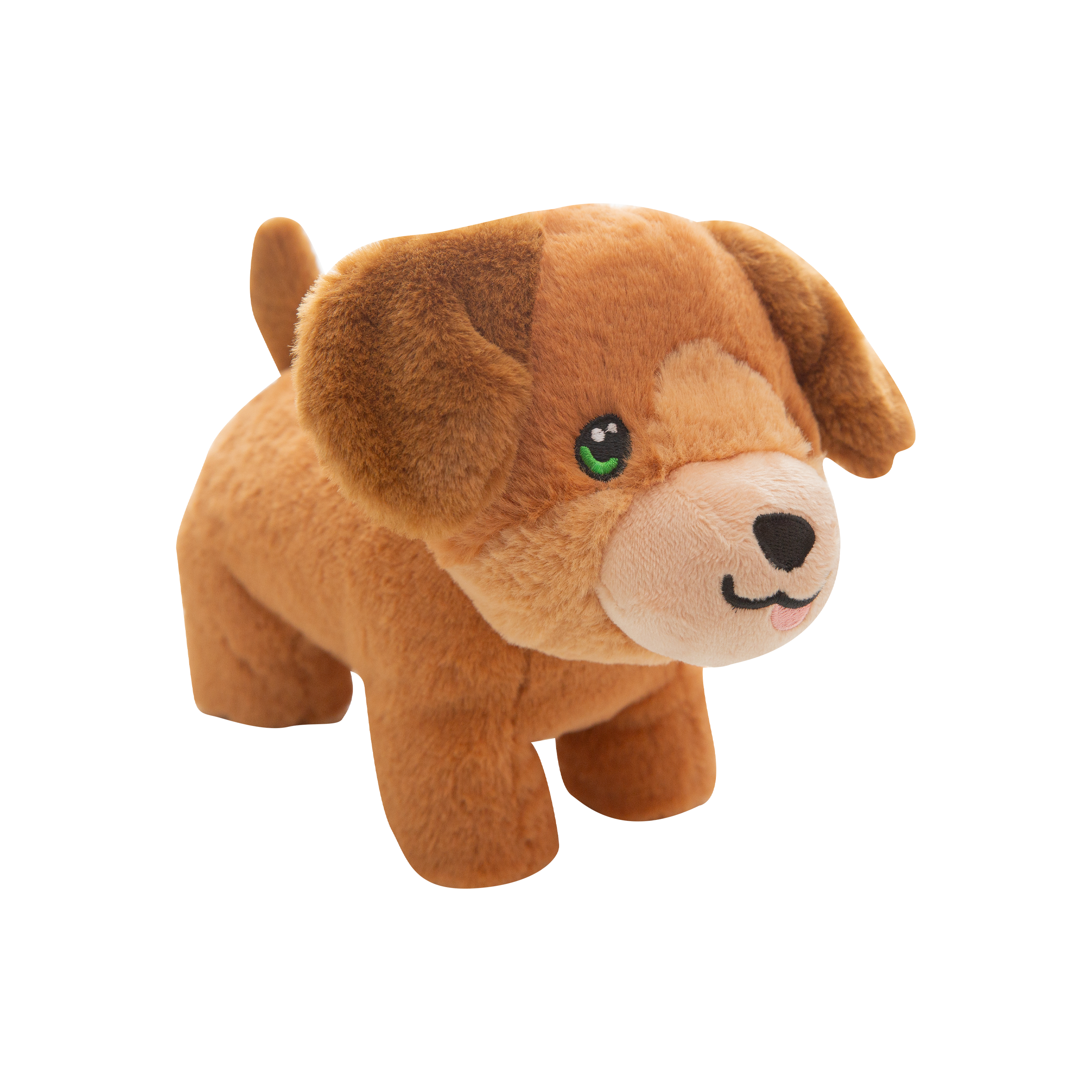 A Snugarooz "Biscuit" plush dog toy stands on all fours against a white background, featuring brown fur, green eyes, a black nose, and a small pink tongue sticking out.