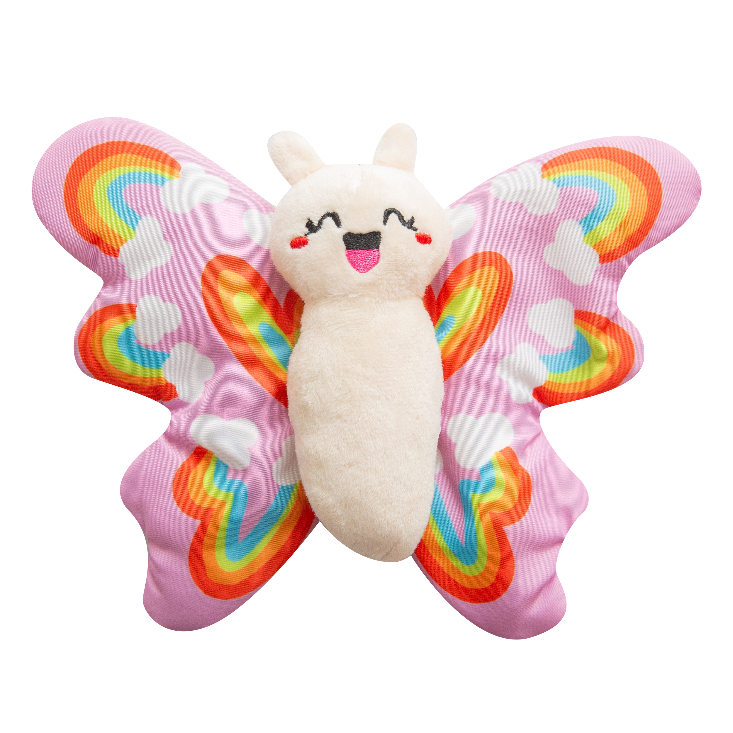 Brittany the Butterfly by Snugarooz is a plush dog toy featuring pink wings with rainbows and clouds, a smiling face, and tags that say "Crinkle Me!" and "SNUG AROOZ." Play-approved and thoughtfully designed for your pet.