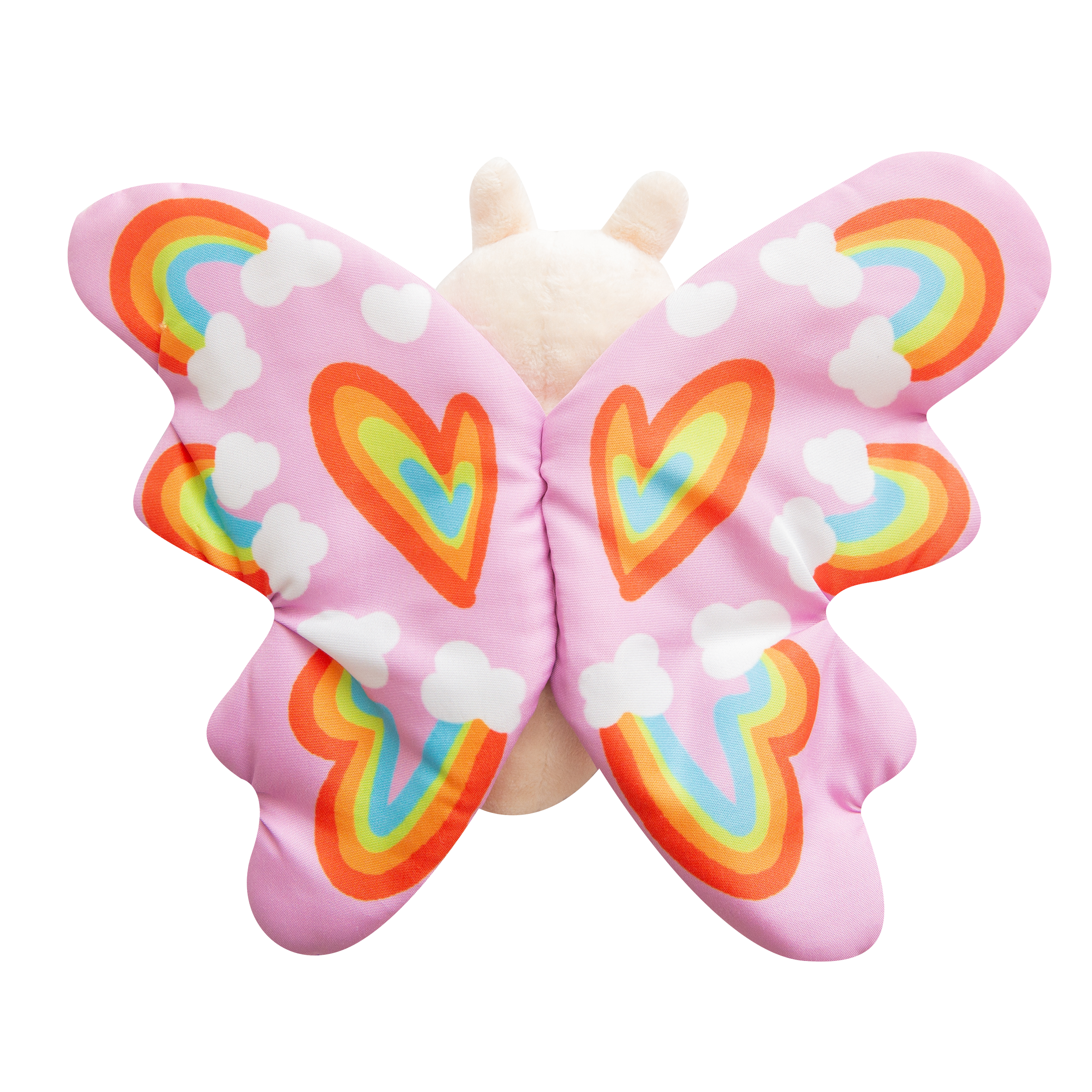 Brittany the Butterfly by Snugarooz is a plush dog toy featuring pink wings with rainbows and clouds, a smiling face, and tags that say "Crinkle Me!" and "SNUG AROOZ." Play-approved and thoughtfully designed for your pet.