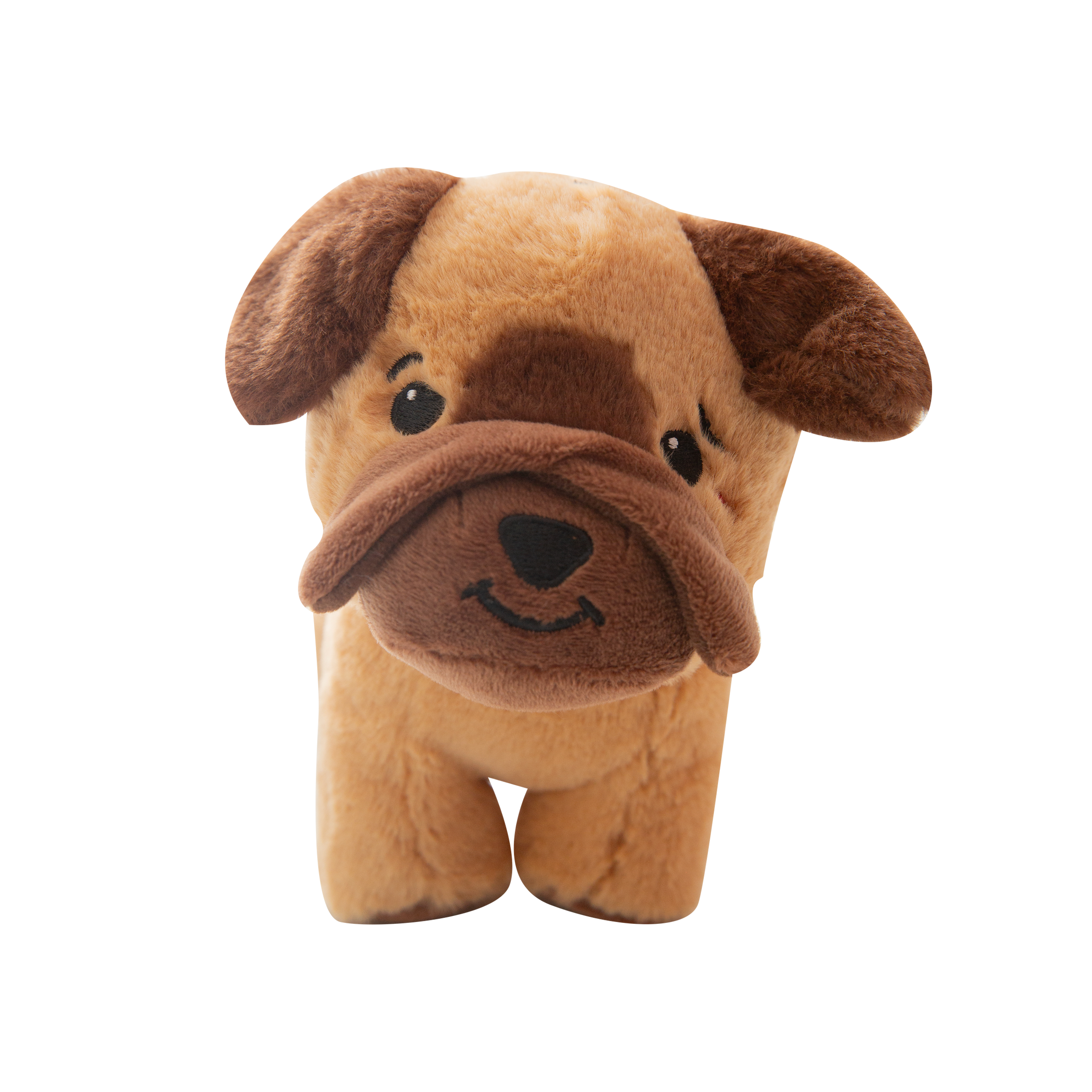 Chewie by Snugarooz is a plush dog toy with light brown fur, dark brown ears and snout, and black stitched eyes and mouth. Eco-friendly—made from recycled water bottles—it's perfect for small to medium dogs.