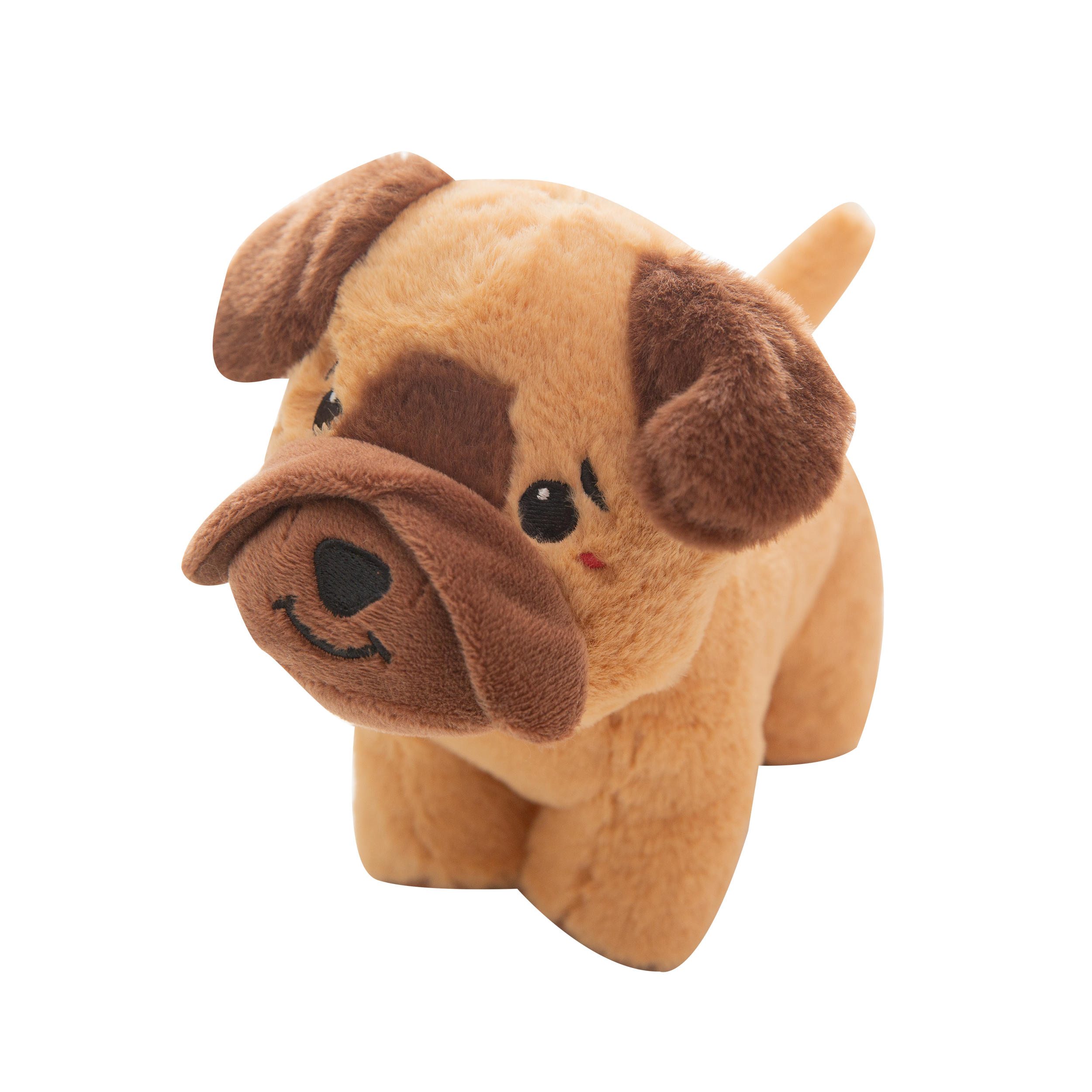 Chewie by Snugarooz is a plush dog toy with light brown fur, dark brown ears and snout, and black stitched eyes and mouth. Eco-friendly—made from recycled water bottles—it's perfect for small to medium dogs.