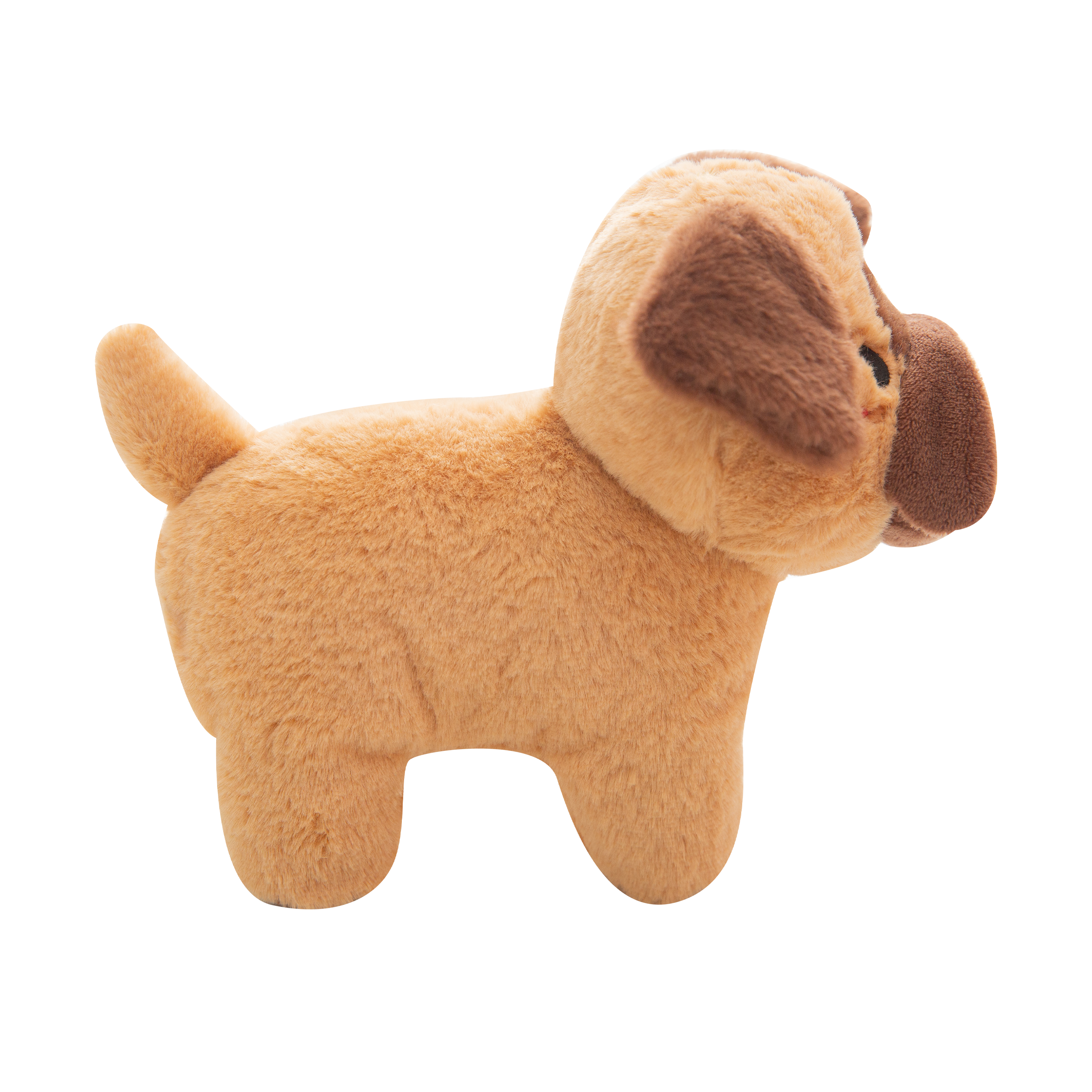 Chewie by Snugarooz is a plush dog toy with light brown fur, dark brown ears and snout, and black stitched eyes and mouth. Eco-friendly—made from recycled water bottles—it's perfect for small to medium dogs.