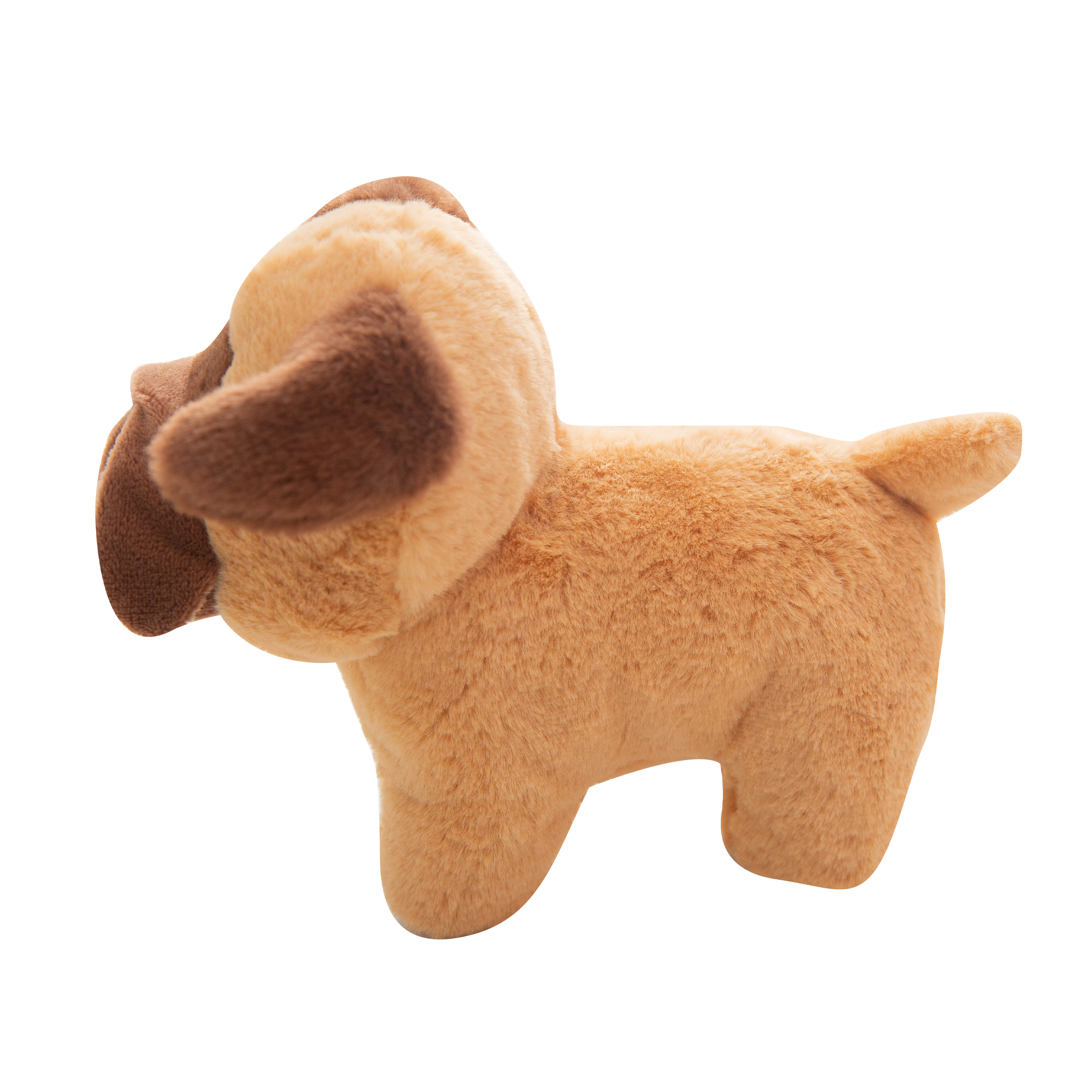 Chewie by Snugarooz is a plush dog toy with light brown fur, dark brown ears and snout, and black stitched eyes and mouth. Eco-friendly—made from recycled water bottles—it's perfect for small to medium dogs.