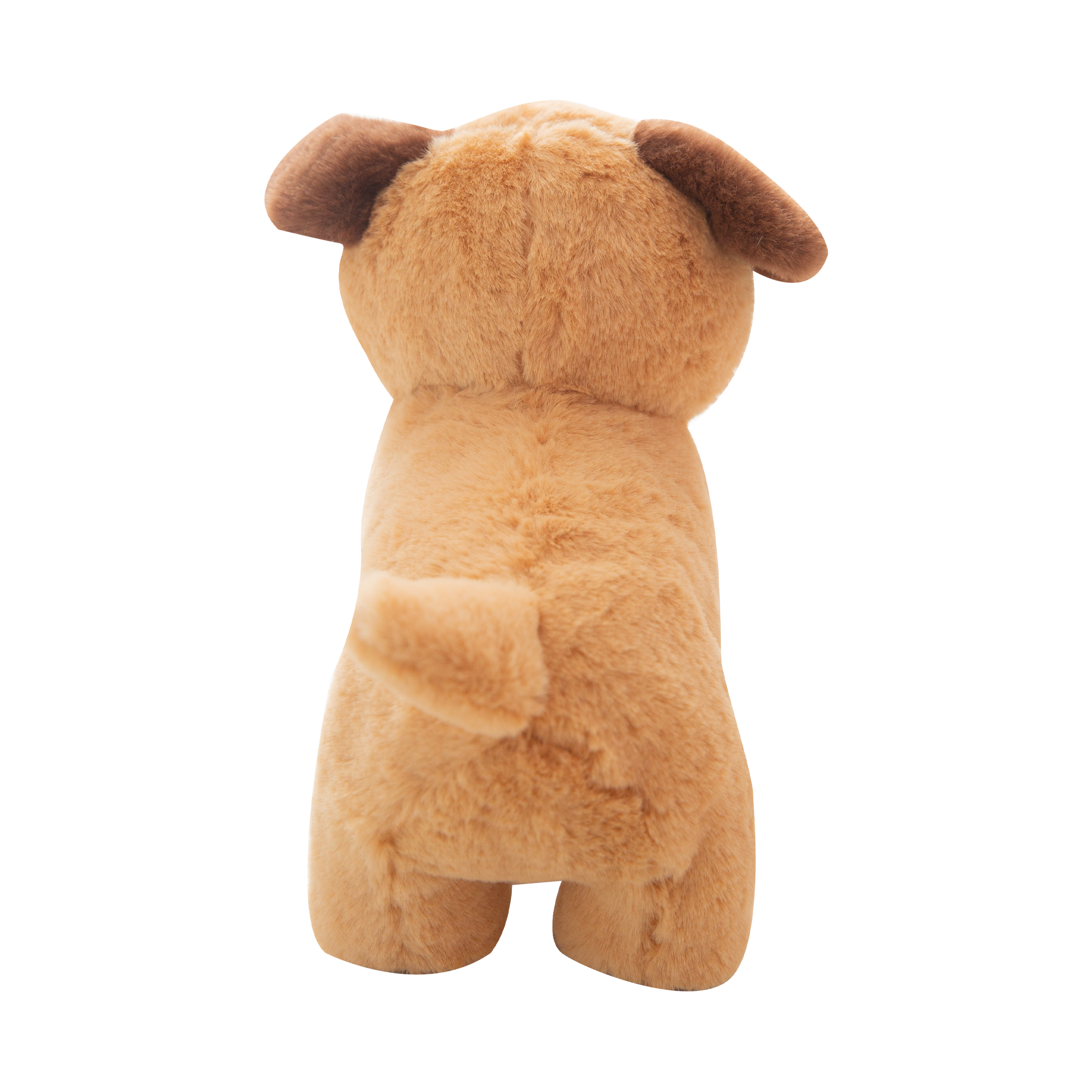 Chewie by Snugarooz is a plush dog toy with light brown fur, dark brown ears and snout, and black stitched eyes and mouth. Eco-friendly—made from recycled water bottles—it's perfect for small to medium dogs.