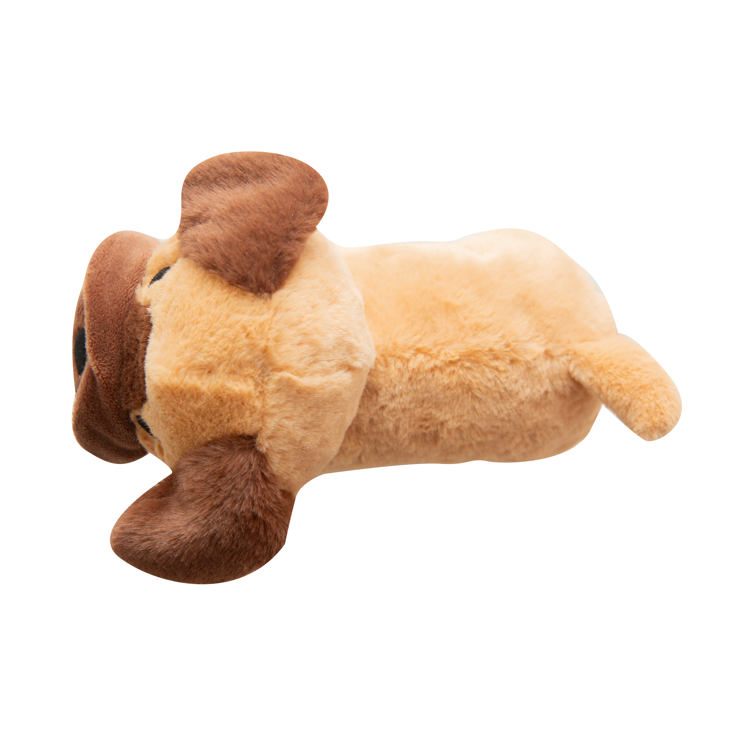 Chewie by Snugarooz is a plush dog toy with light brown fur, dark brown ears and snout, and black stitched eyes and mouth. Eco-friendly—made from recycled water bottles—it's perfect for small to medium dogs.