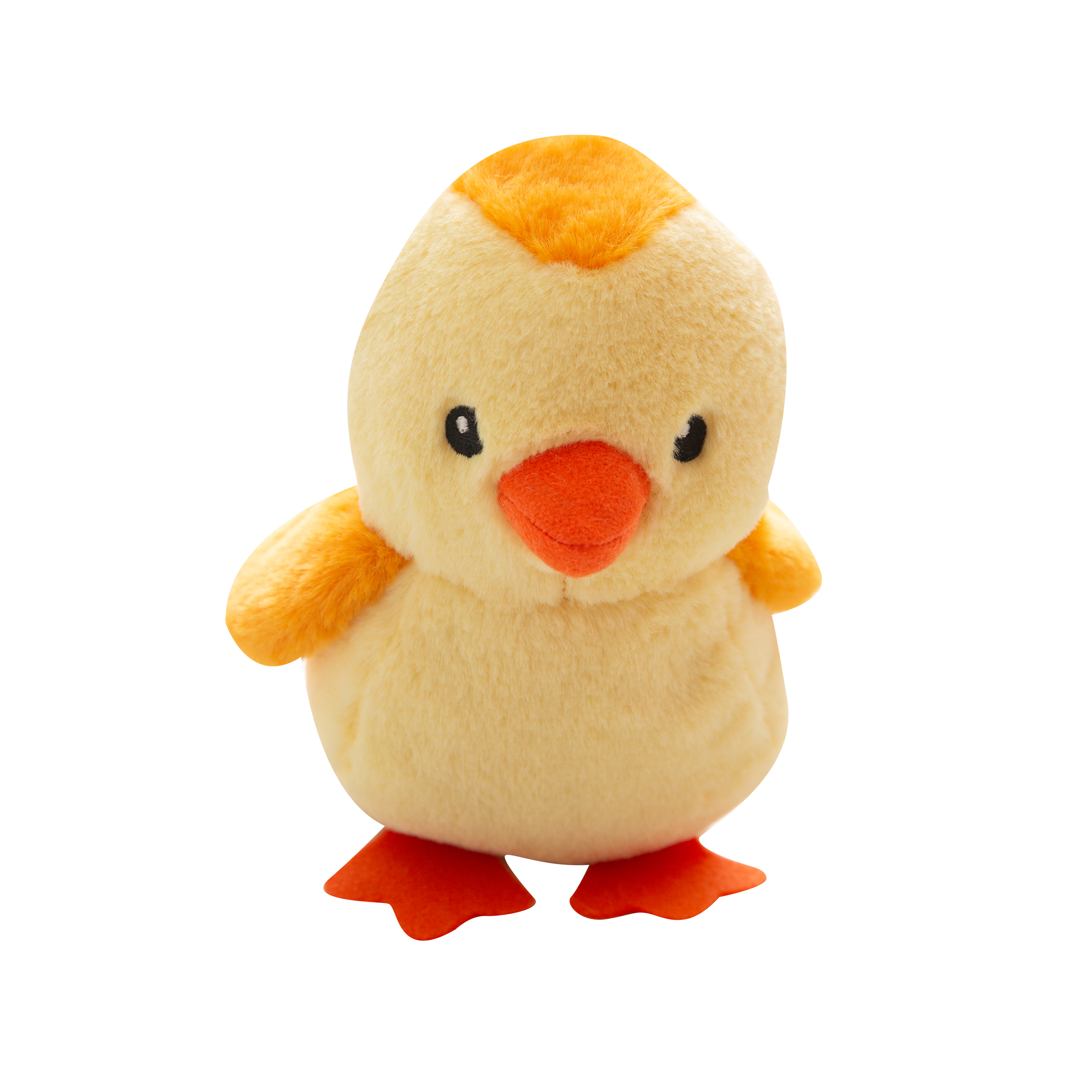 The Snugarooz Chicken Little is a plush yellow dog toy with orange feet, orange beak, and small black eyes, standing upright against a plain white background.