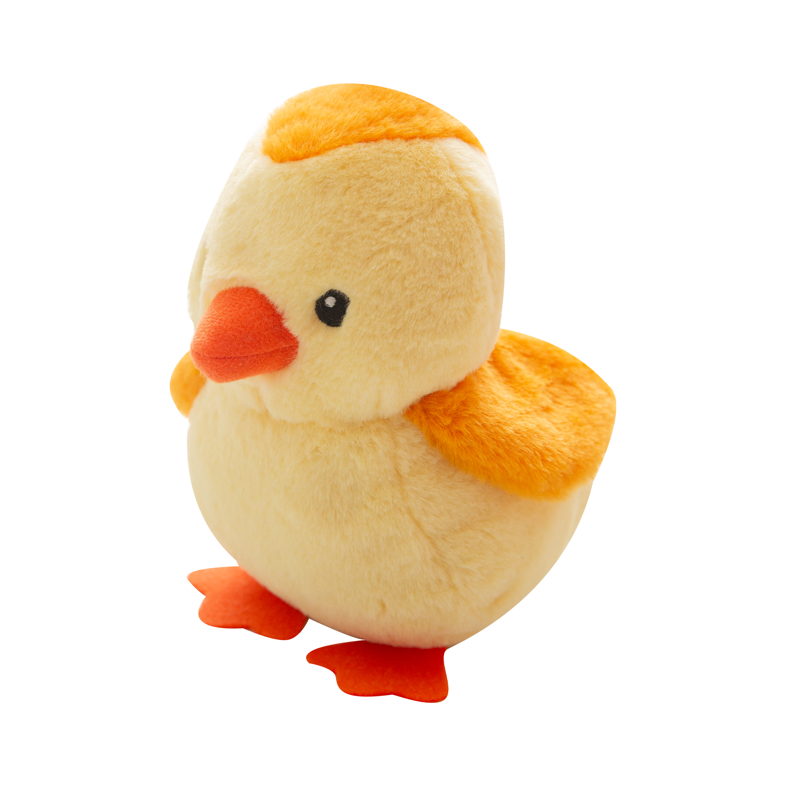 The Snugarooz Chicken Little is a plush yellow dog toy with orange feet, orange beak, and small black eyes, standing upright against a plain white background.