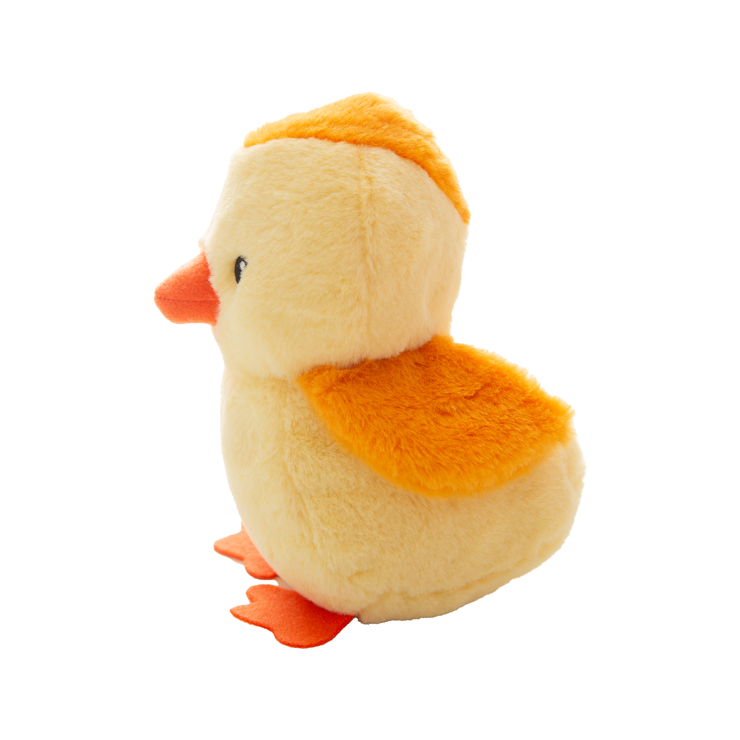 The Snugarooz Chicken Little is a plush yellow dog toy with orange feet, orange beak, and small black eyes, standing upright against a plain white background.