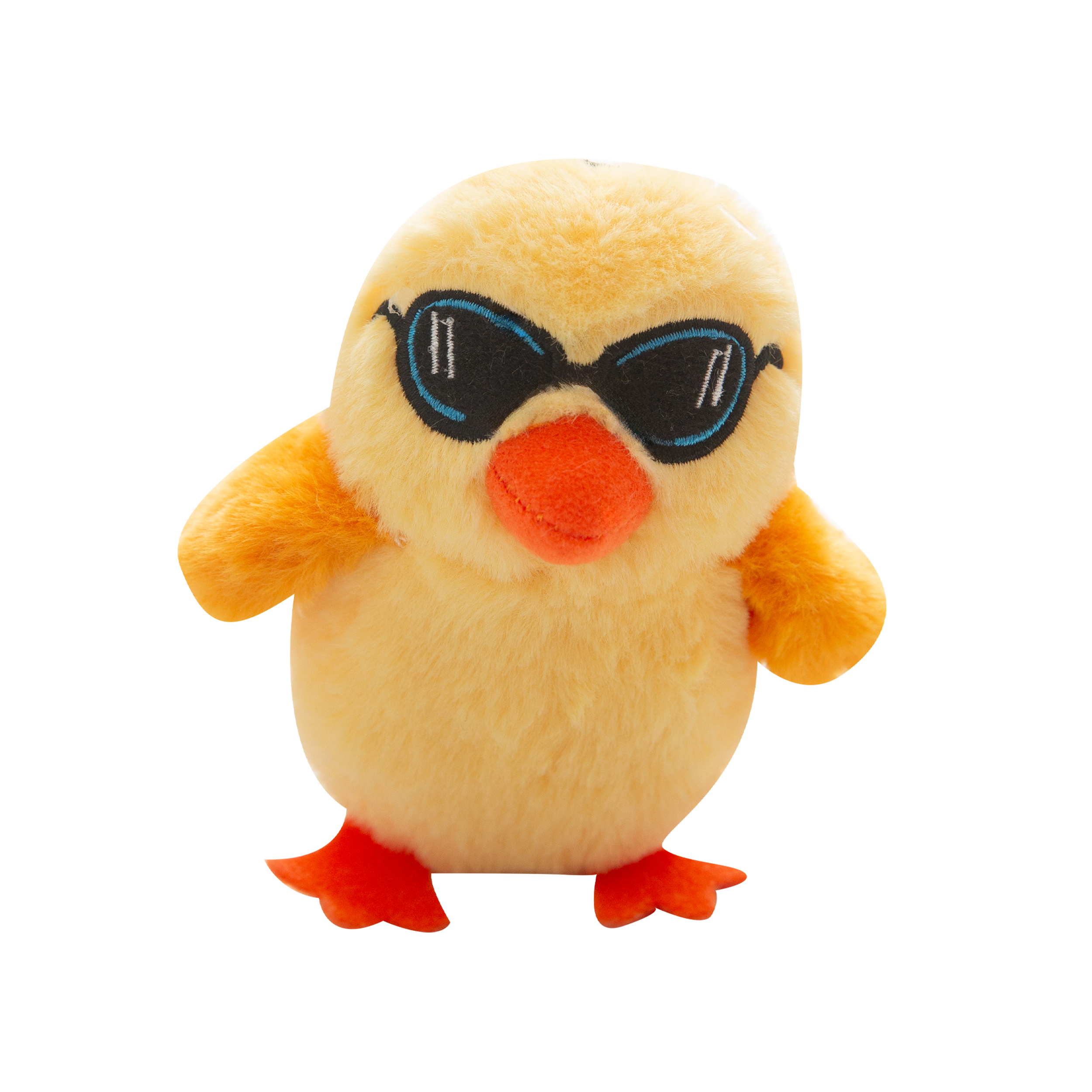 The Snugarooz Cool Chick is a plush yellow dog toy with black sunglasses, orange wings, beak, and feet. Eco-friendly and perfect for small pups, it stands upright and adds fun to playtime against a plain white background.
