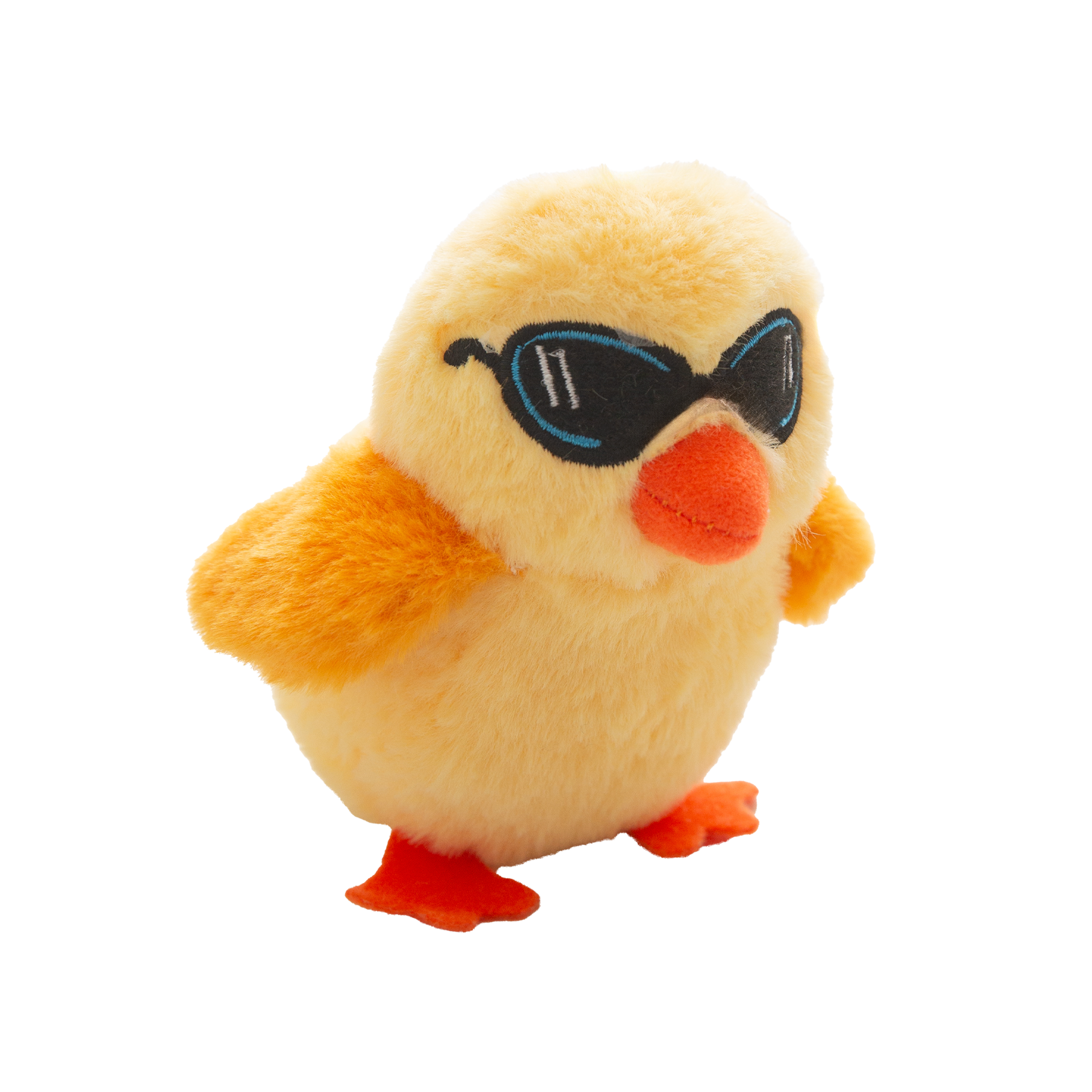 The Snugarooz Cool Chick is a plush yellow dog toy with black sunglasses, orange wings, beak, and feet. Eco-friendly and perfect for small pups, it stands upright and adds fun to playtime against a plain white background.