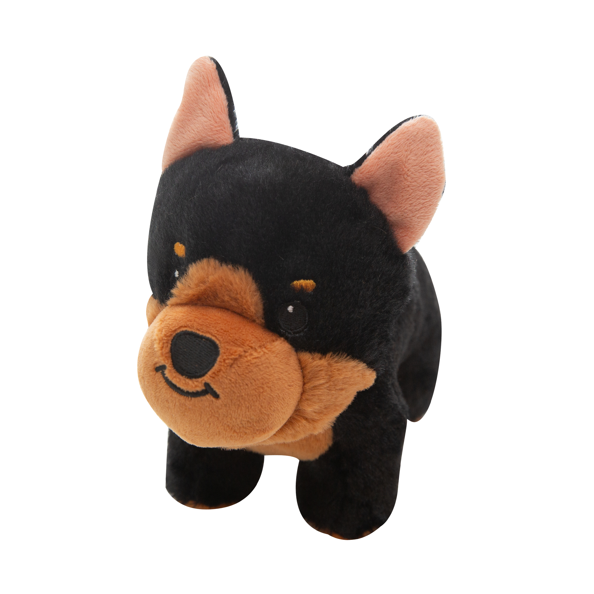 The Snugarooz Diesel plush dog toy features a black and brown pup with upright ears, a rounded snout, and a friendly smile, shown facing forward against a plain white background.