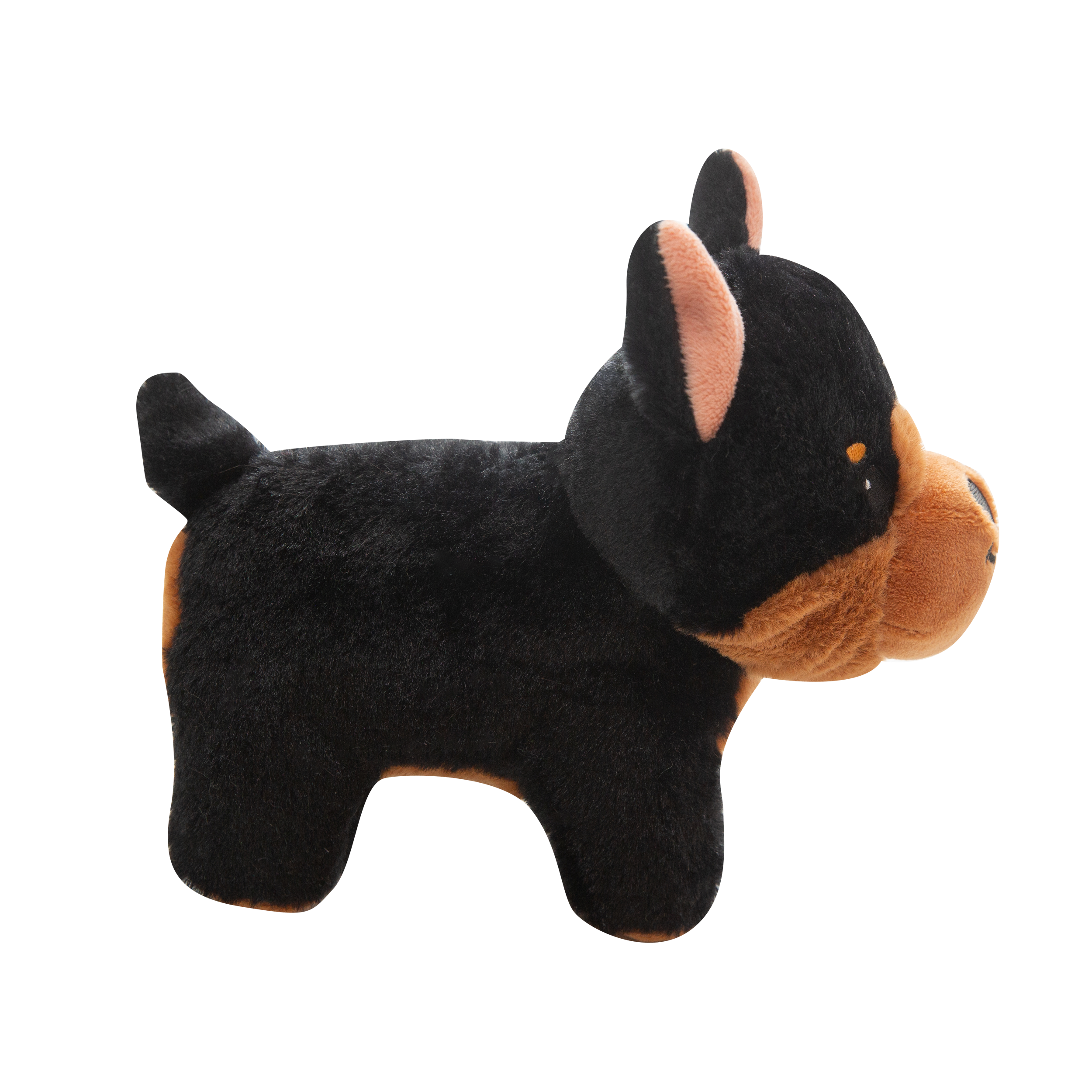The Snugarooz Diesel plush dog toy features a black and brown pup with upright ears, a rounded snout, and a friendly smile, shown facing forward against a plain white background.