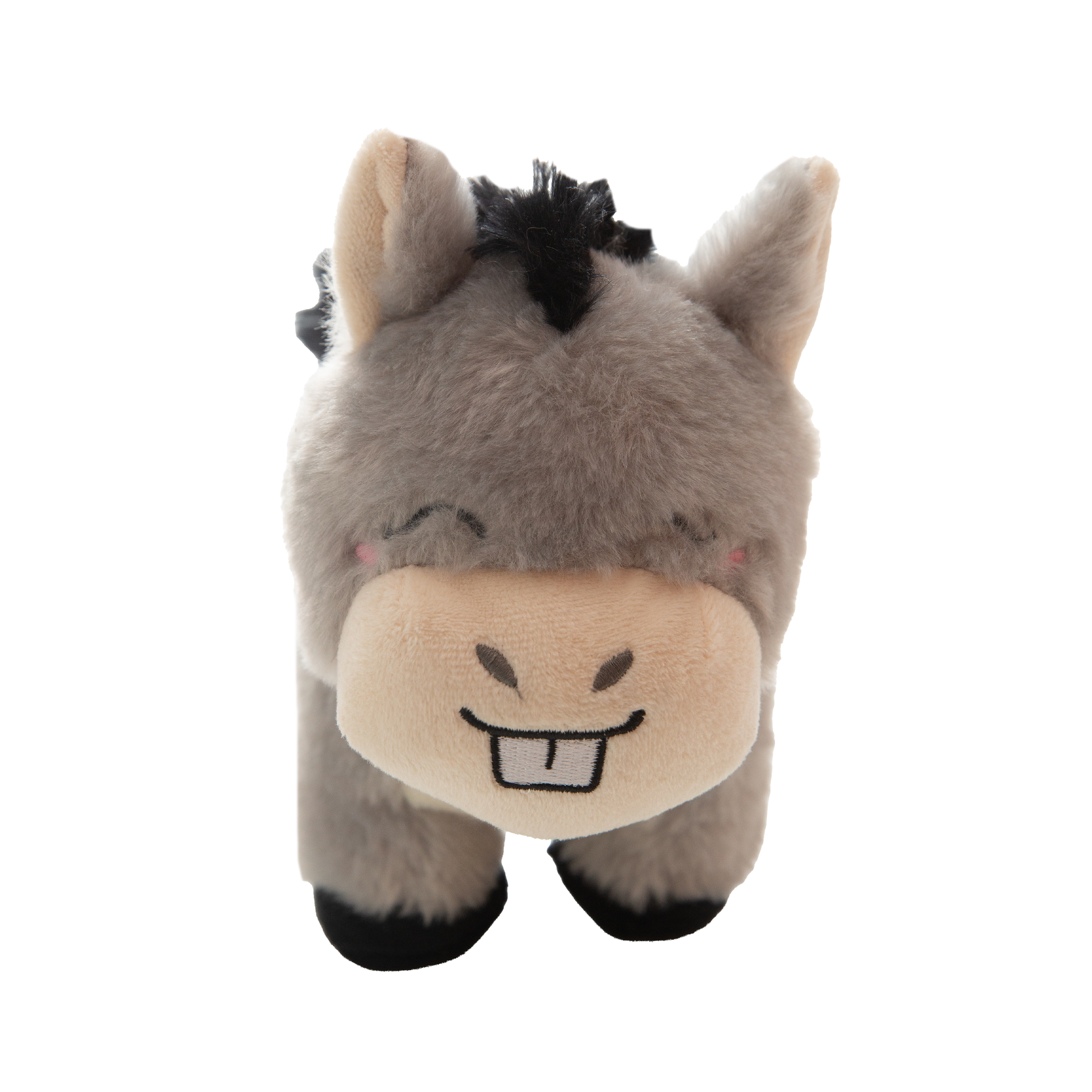 The Snugarooz Donk-eee is a soft, gray plush dog toy shaped like a donkey, featuring a smiling face, embroidered eyes, black mane, and two large front teeth. It stands upright against a white background.