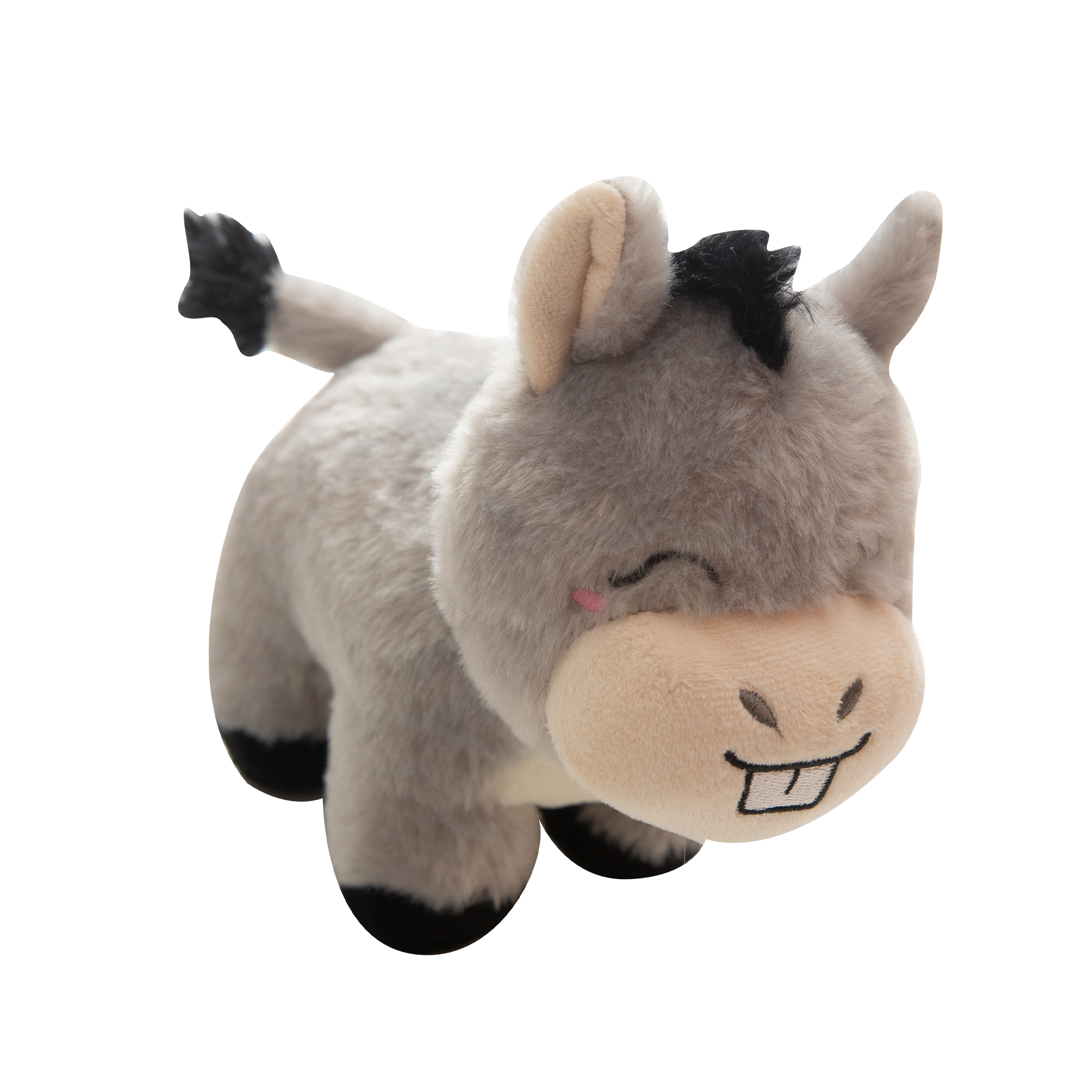 The Snugarooz Donk-eee is a soft, gray plush dog toy shaped like a donkey, featuring a smiling face, embroidered eyes, black mane, and two large front teeth. It stands upright against a white background.