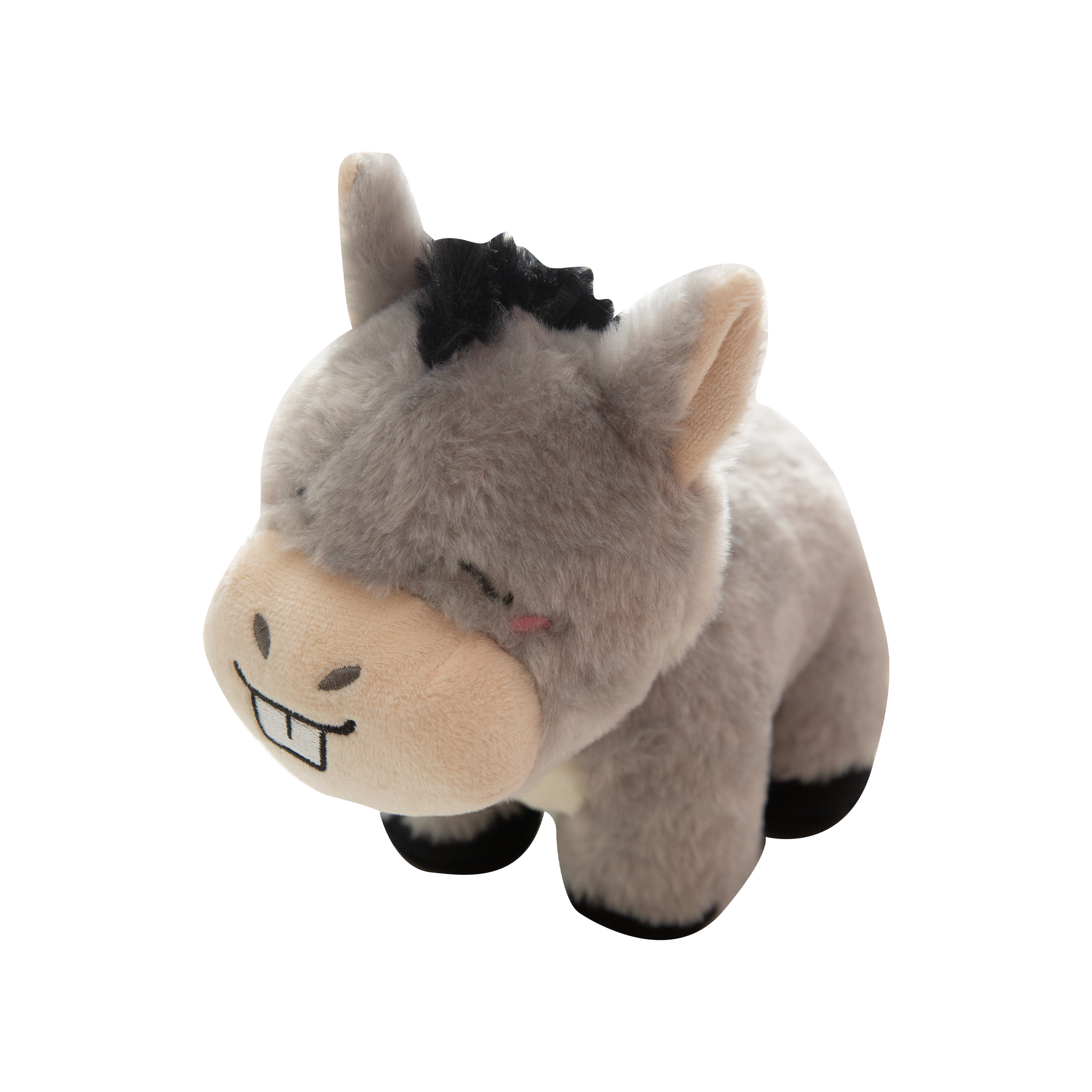 The Snugarooz Donk-eee is a soft, gray plush dog toy shaped like a donkey, featuring a smiling face, embroidered eyes, black mane, and two large front teeth. It stands upright against a white background.