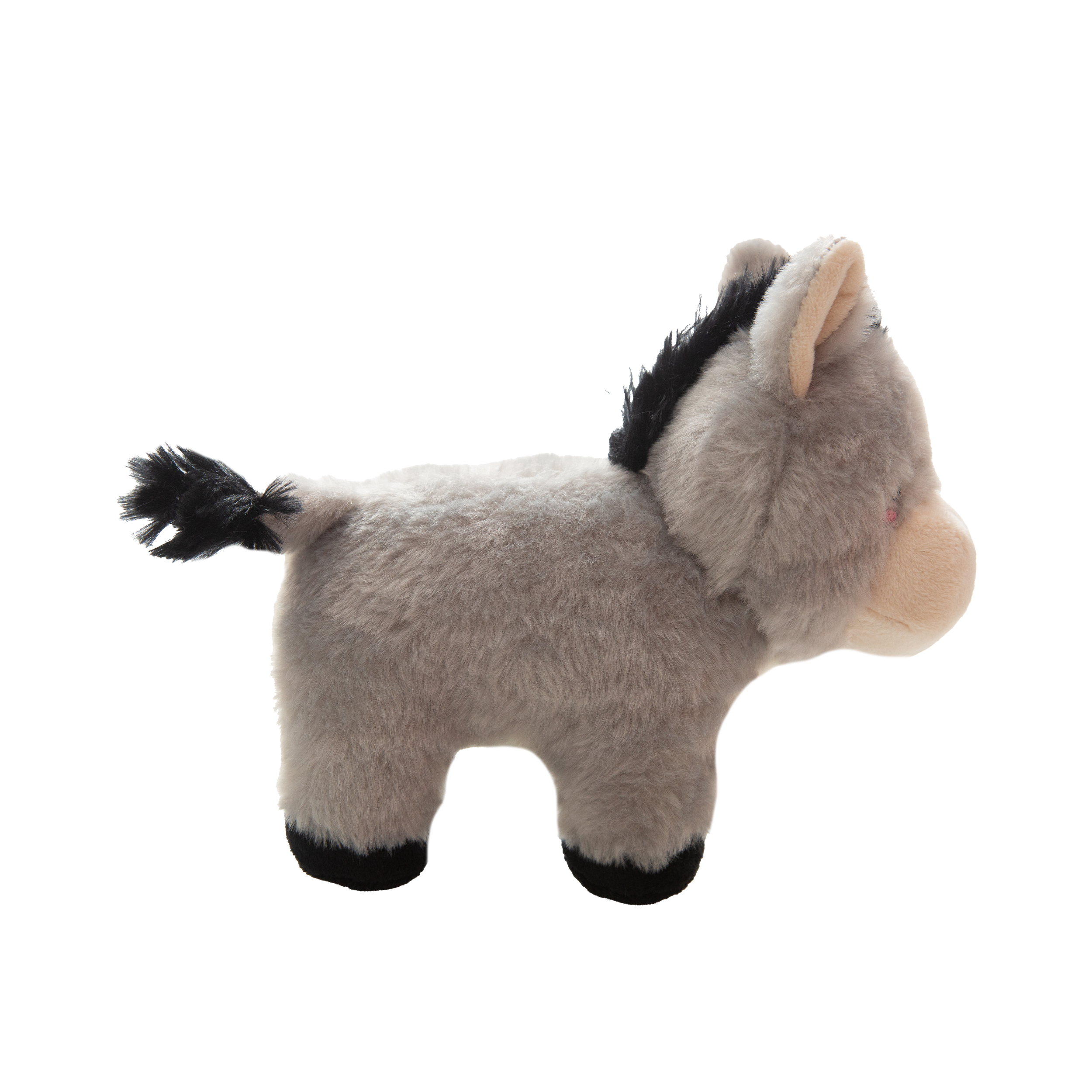 The Snugarooz Donk-eee is a soft, gray plush dog toy shaped like a donkey, featuring a smiling face, embroidered eyes, black mane, and two large front teeth. It stands upright against a white background.