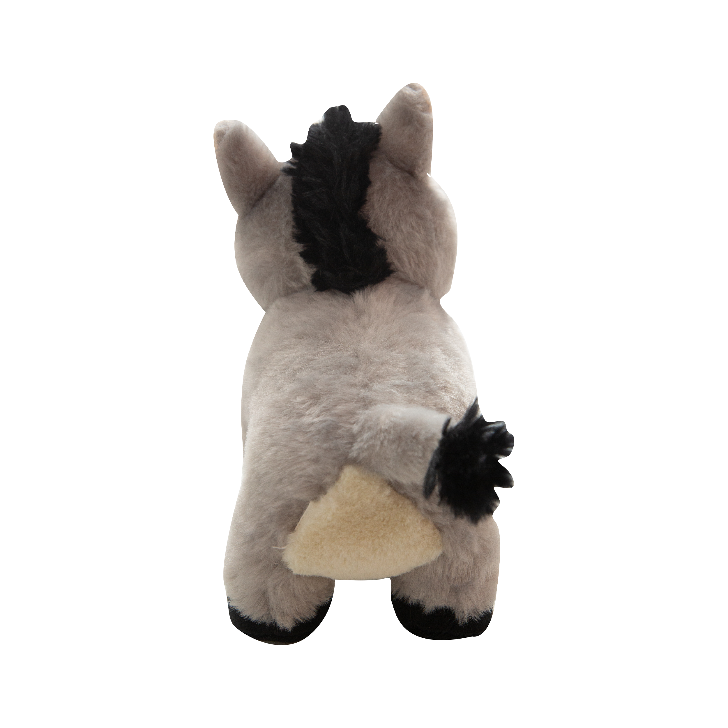 The Snugarooz Donk-eee is a soft, gray plush dog toy shaped like a donkey, featuring a smiling face, embroidered eyes, black mane, and two large front teeth. It stands upright against a white background.