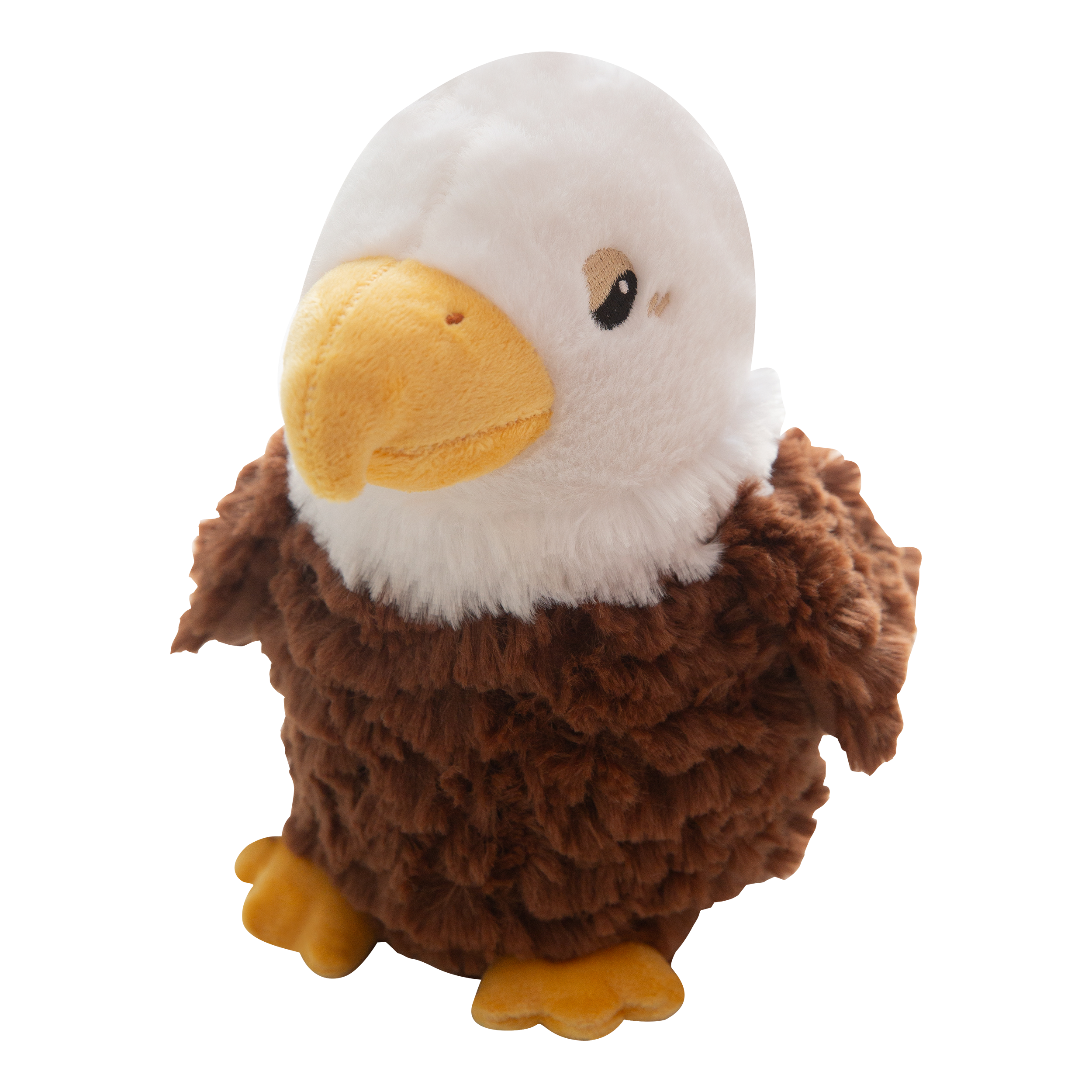 Evan the Eagle by Snugarooz is a plush dog toy featuring a white head, yellow beak and feet, brown fuzzy body, and small black eyes, shown on a plain white background.