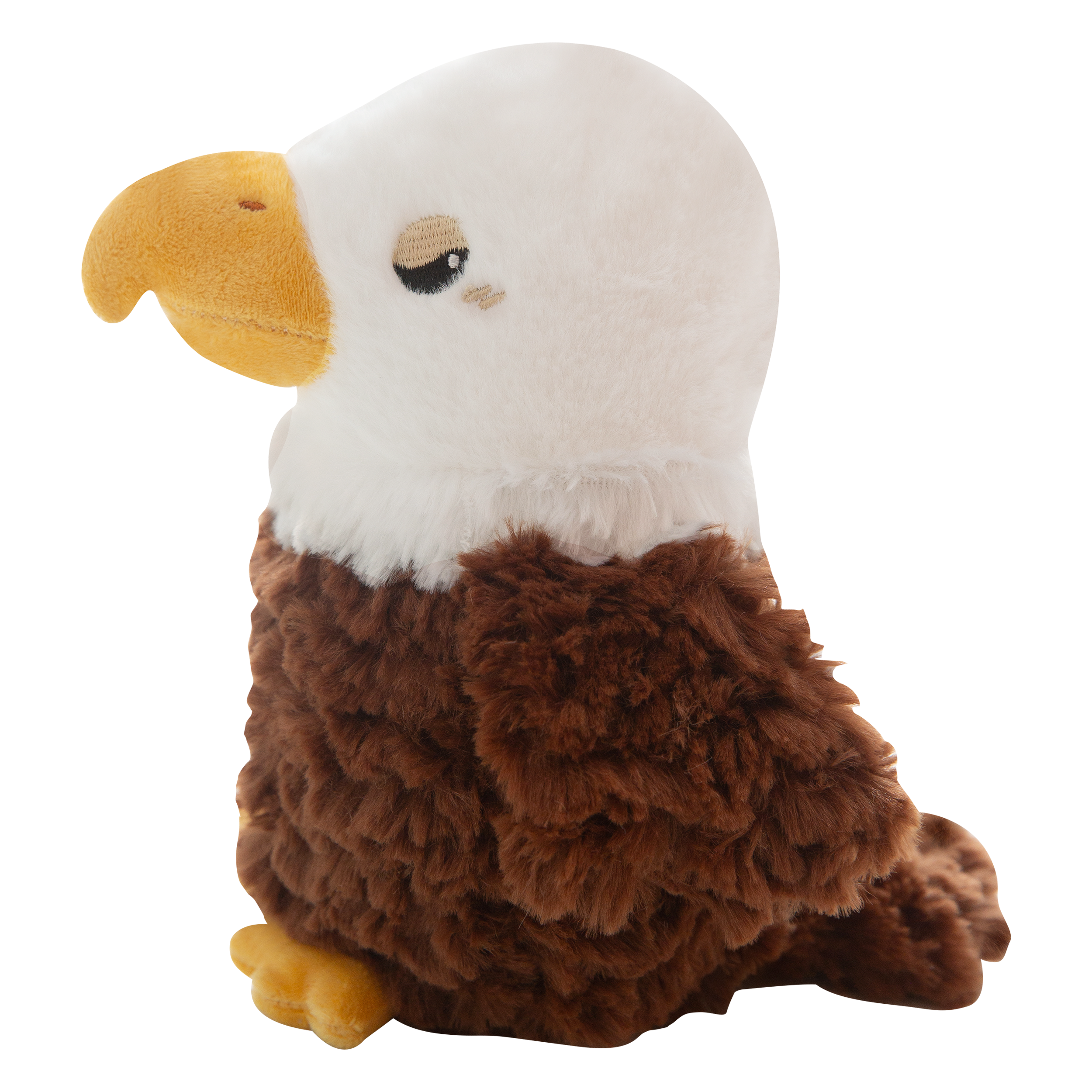 Evan the Eagle by Snugarooz is a plush dog toy featuring a white head, yellow beak and feet, brown fuzzy body, and small black eyes, shown on a plain white background.