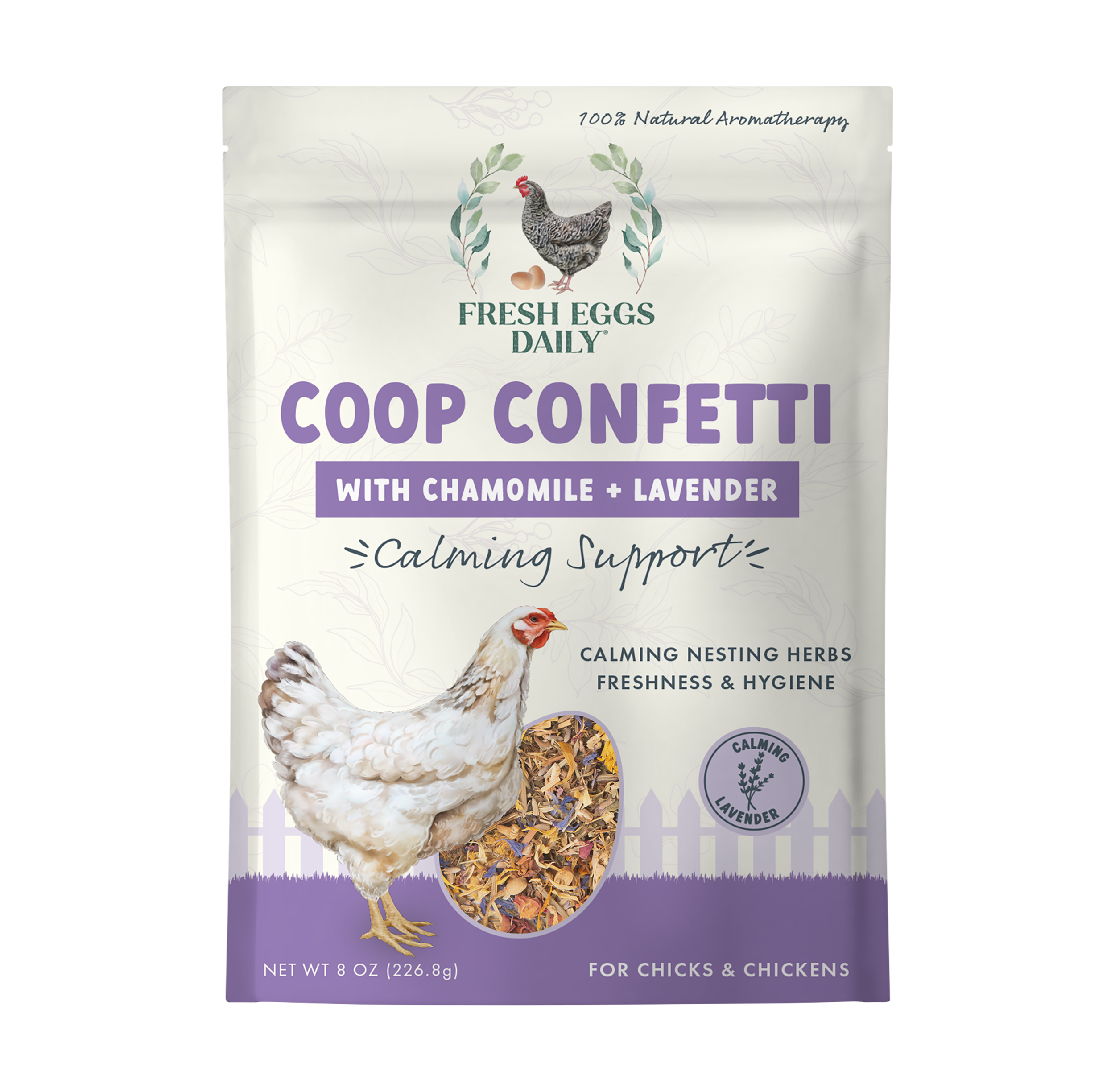 Fresh Eggs Daily Shop’s Coop Confetti Nesting Herbs 8 oz. is a dried blend with chamomile and lavender for chickens, providing calming and hygienic benefits. The white and purple packaging shows a chicken and herbs illustration.