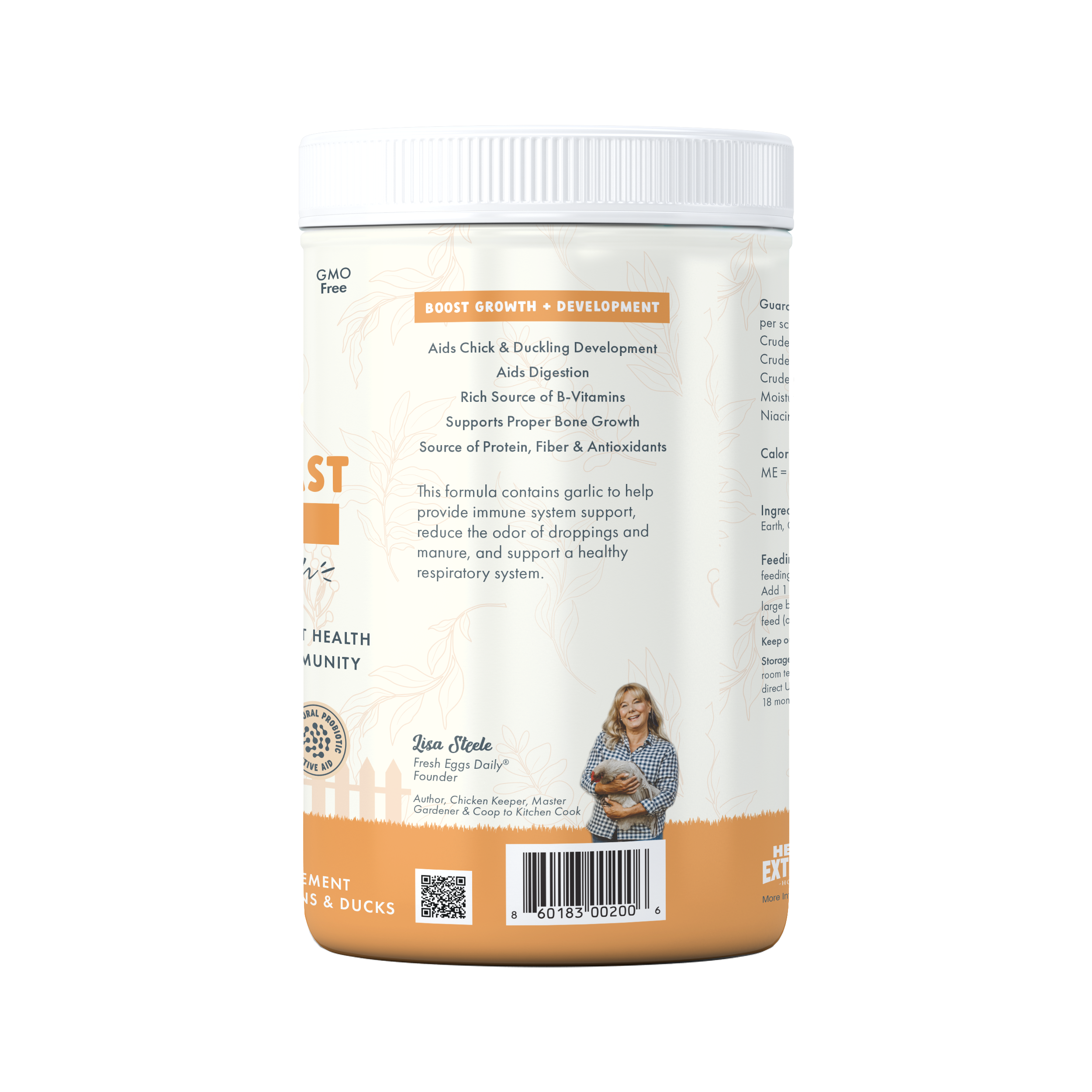 A container of Fresh Eggs Daily Shop Brewers Yeast with Garlic, Chicken & Duck Supplement—its label shows chickens and a duck, and promotes gut health, immunity, and respiratory support for chicks, chickens, and ducks.