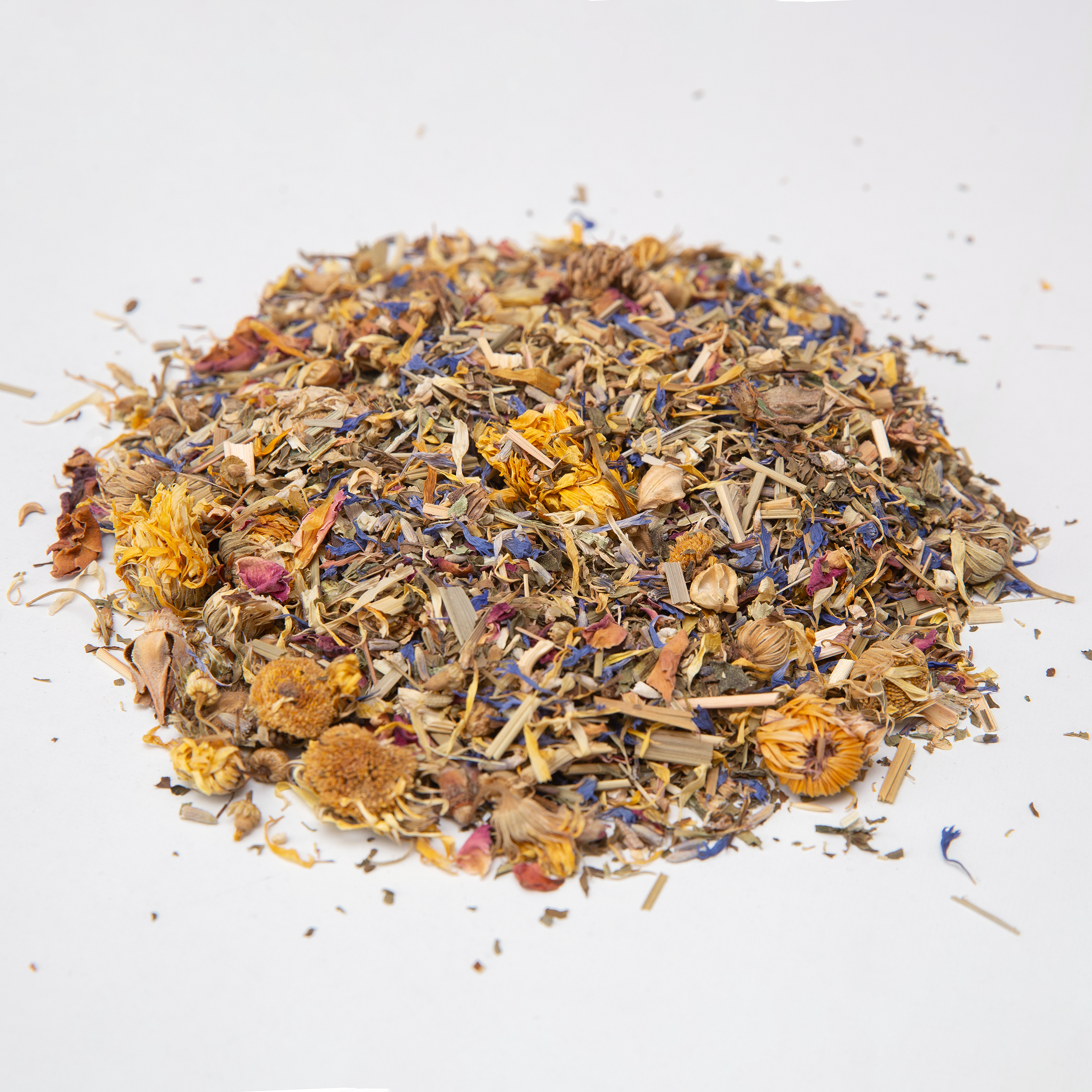 Fresh Eggs Daily Shop’s Coop Confetti Nesting Herbs 8 oz. is a dried blend with chamomile and lavender for chickens, providing calming and hygienic benefits. The white and purple packaging shows a chicken and herbs illustration.