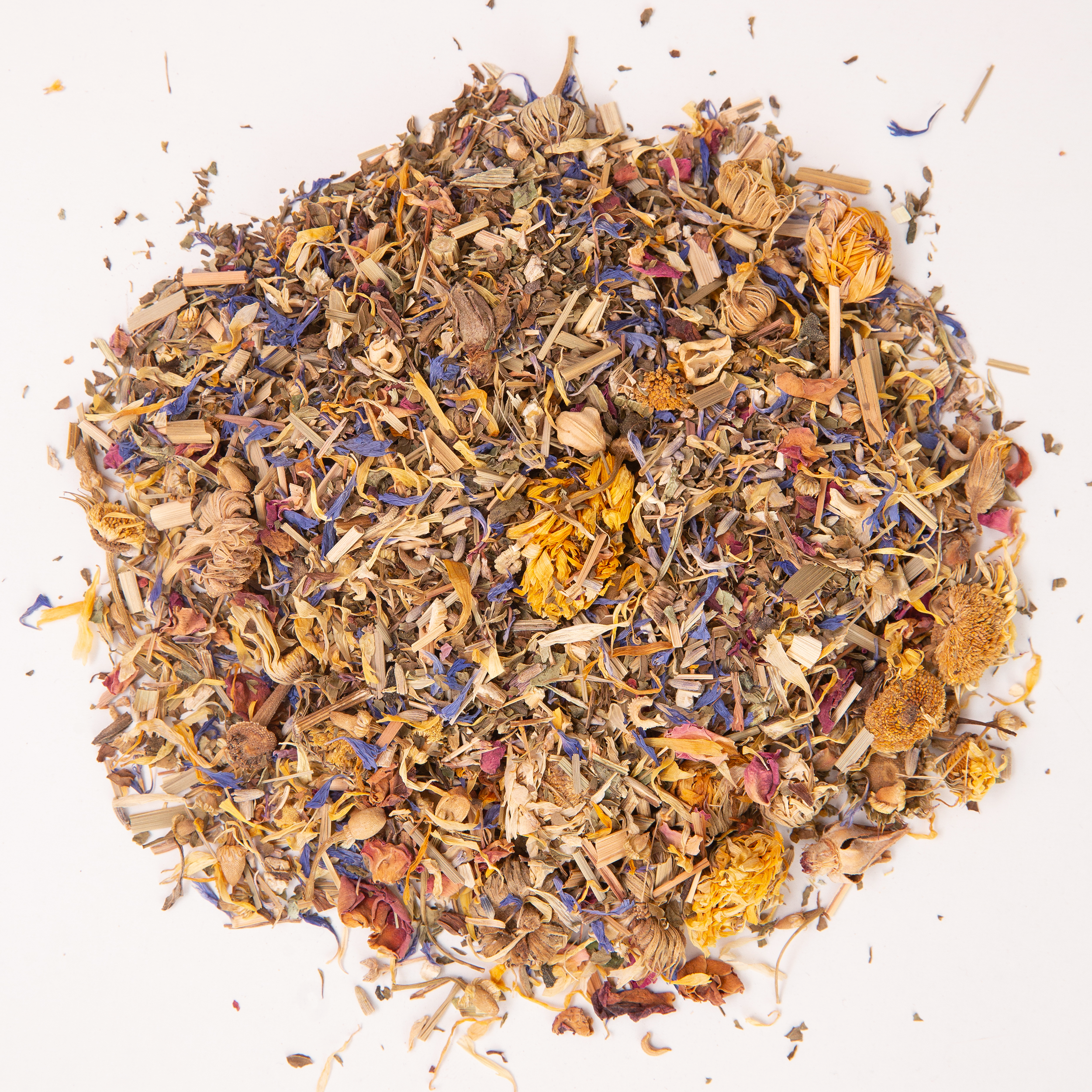 Fresh Eggs Daily Shop’s Coop Confetti Nesting Herbs 8 oz. is a dried blend with chamomile and lavender for chickens, providing calming and hygienic benefits. The white and purple packaging shows a chicken and herbs illustration.