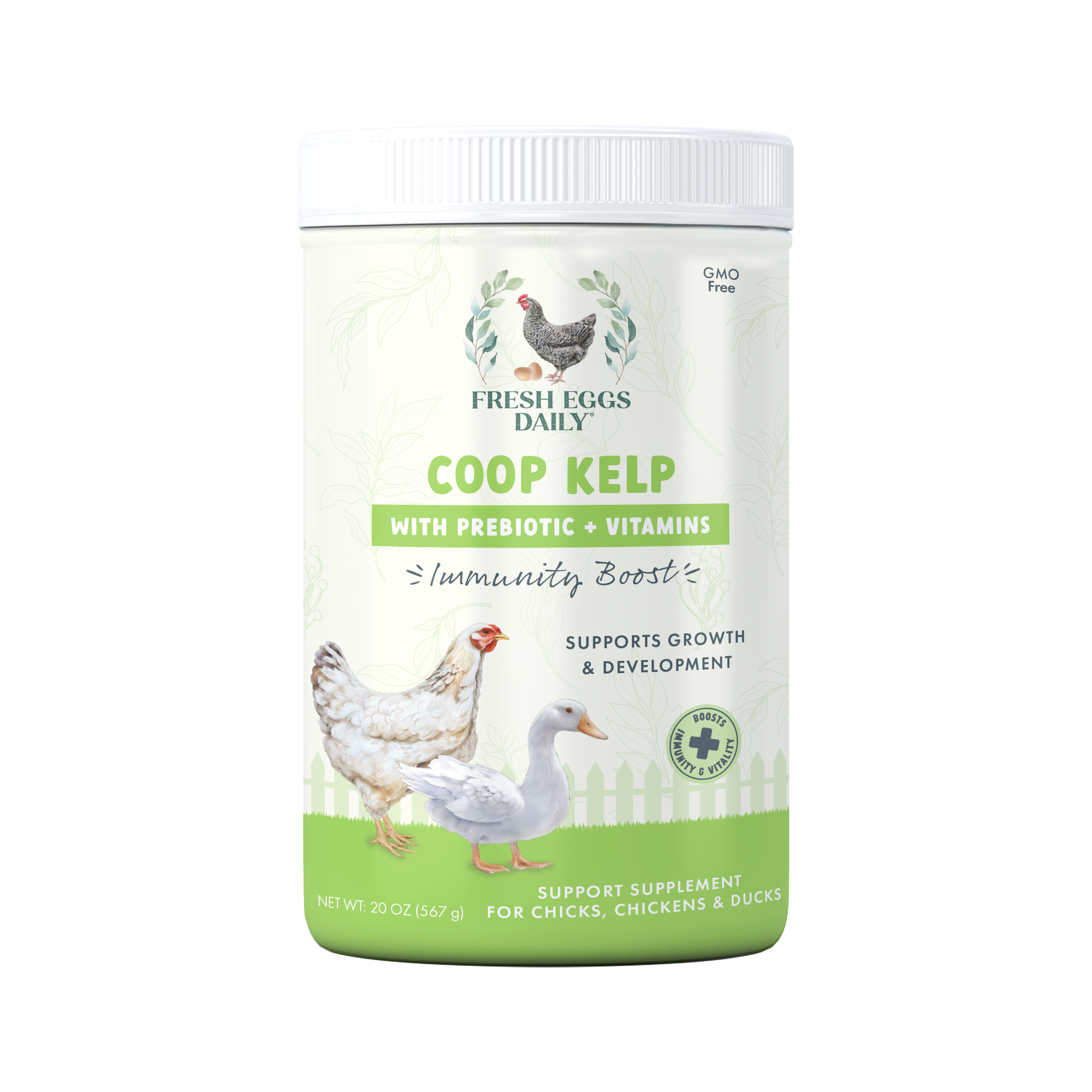 A container of Fresh Eggs Daily Coop Kelp Organic Chicken & Duck Supplement by Fresh Eggs Daily Shop, labeled for chicks, chickens, and ducks with a chicken, duck, and white fence on the label. Supports immunity and improves egg quality.