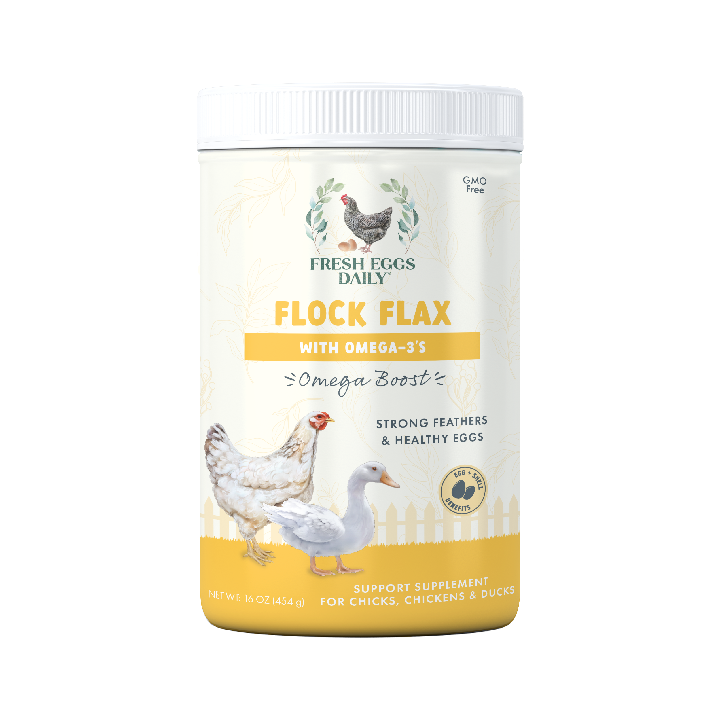 Fresh Eggs Daily Shop’s Flock Flax Chicken & Duck Feed Supplement provides an omega boost for strong feathers and better egg quality, and is designed for chicks, chickens, and ducks.