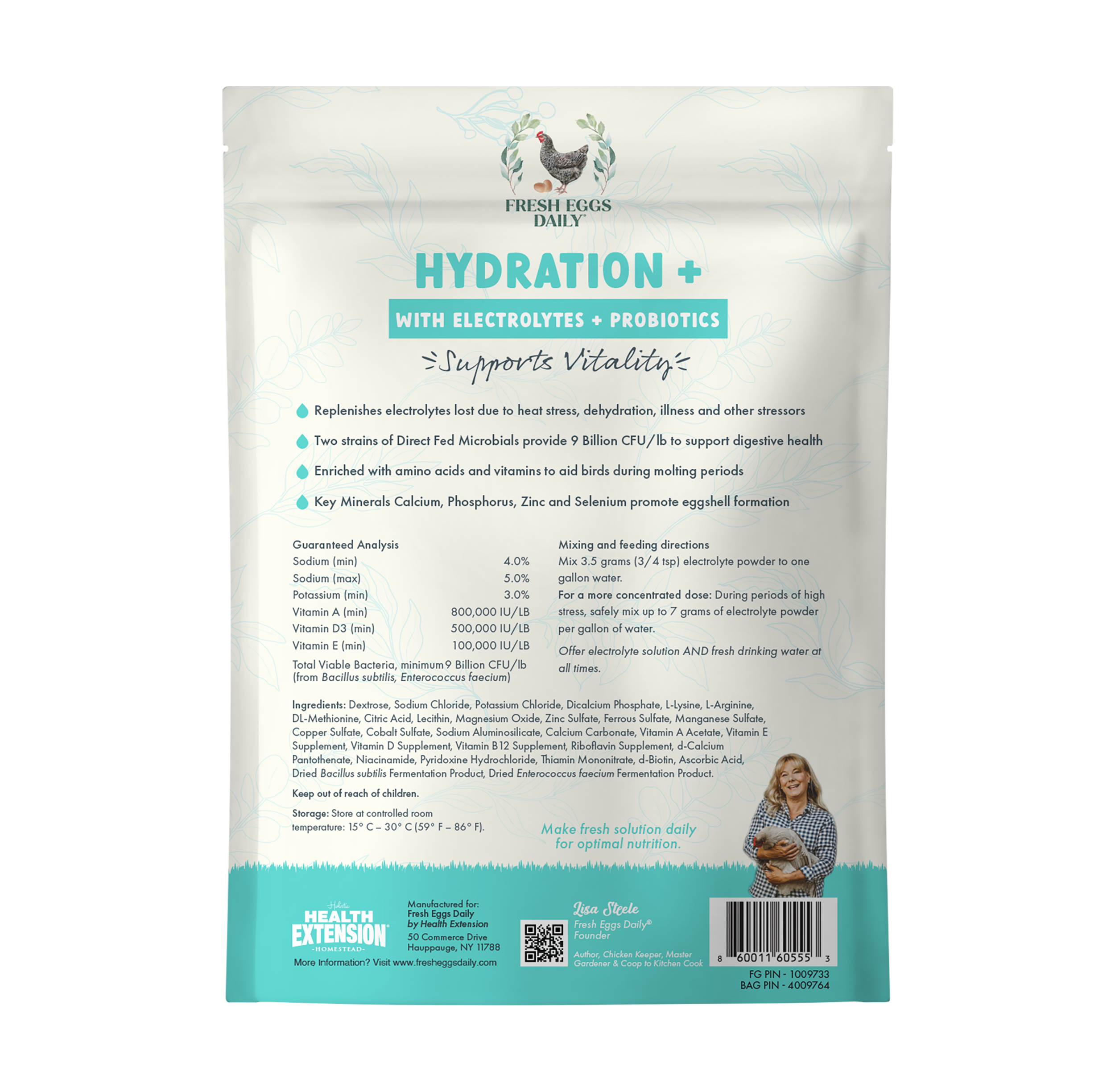 A package of Fresh Eggs Daily Shop Hydration + 3 in 1 Electrolyte, Probiotic, Vitamins supports all poultry life stages, features a chicken and duck on the label, includes probiotics for chicks, and makes 2 gallons.