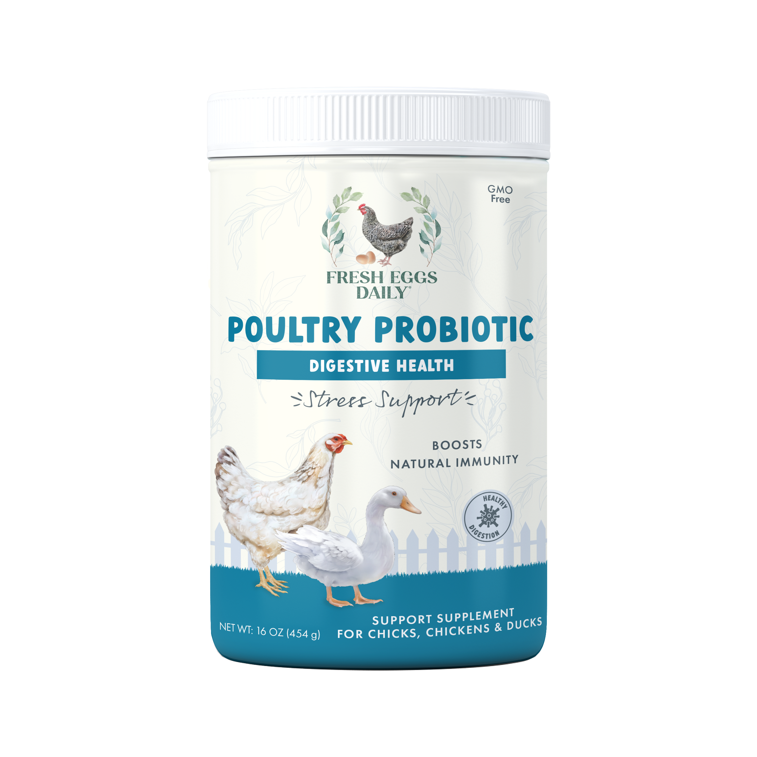 A container of Fresh Eggs Daily Shop Fresh Eggs Daily Poultry Probiotics Balanced Mix Chicken & Duck Supplement features chicken and duck illustrations and is labeled for digestive support, stress relief, and natural immunity for chicks, chickens, and ducks.