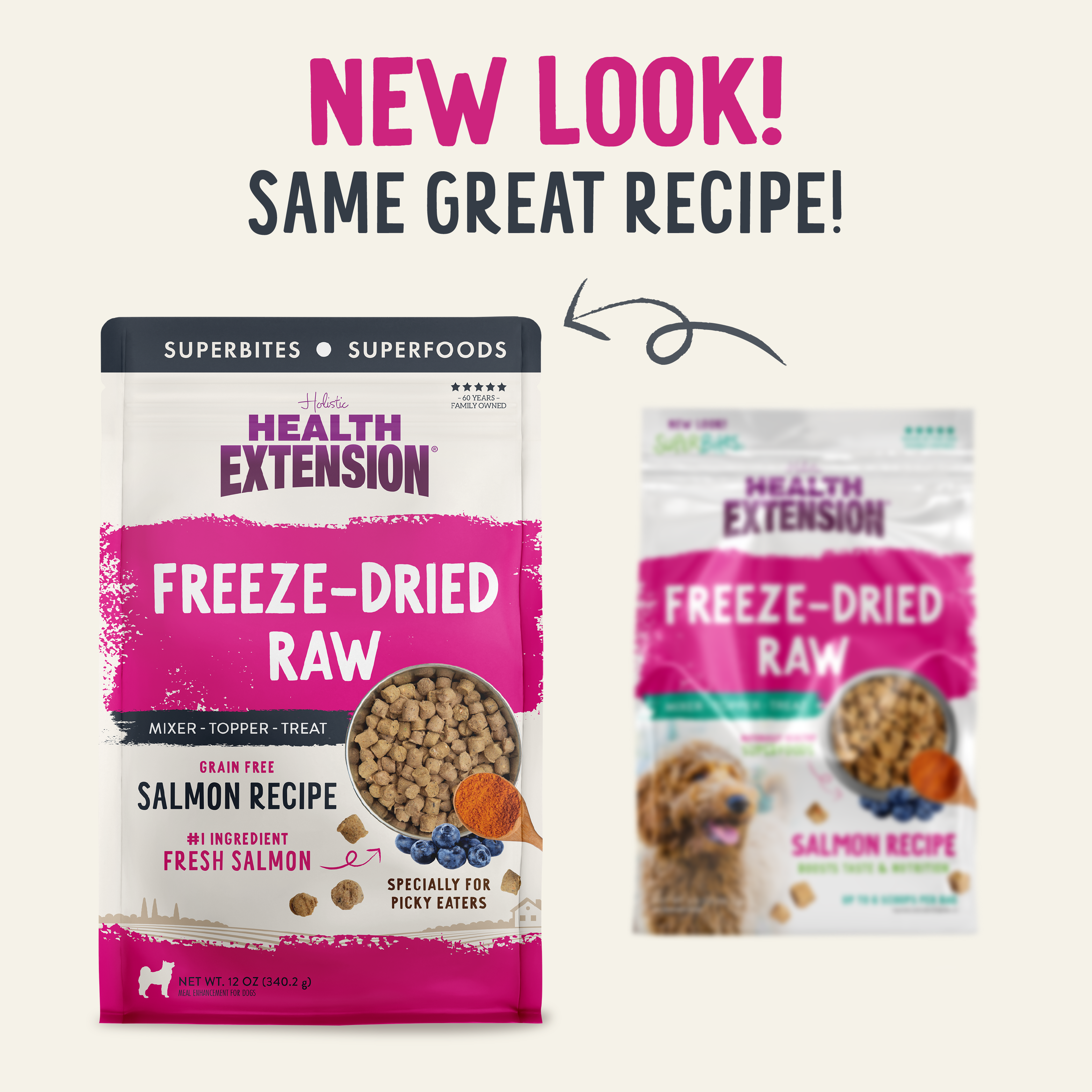 Freeze Dried Raw Salmon Recipe front of package old bag and new bag