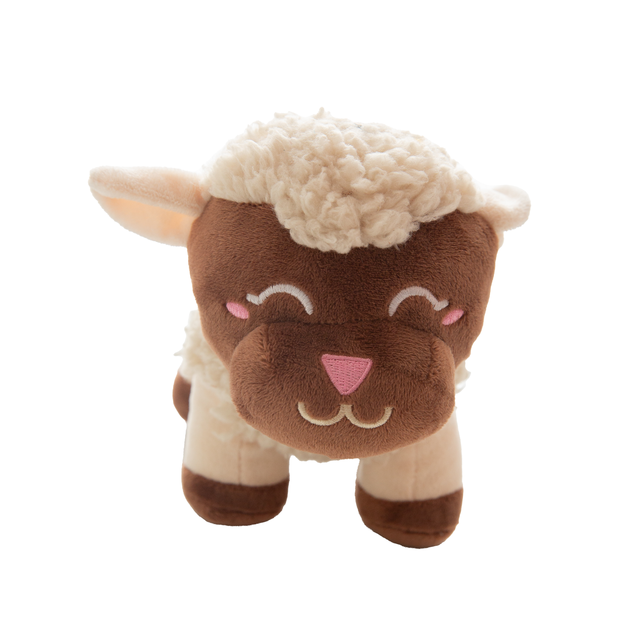 Fleece Witherspoon by Snugarooz is a soft, plush lamb with brown and cream fur, embroidered eyes, a pink nose, and blushing cheeks—perfect for nursery décor. It stands upright on four legs against a white background.