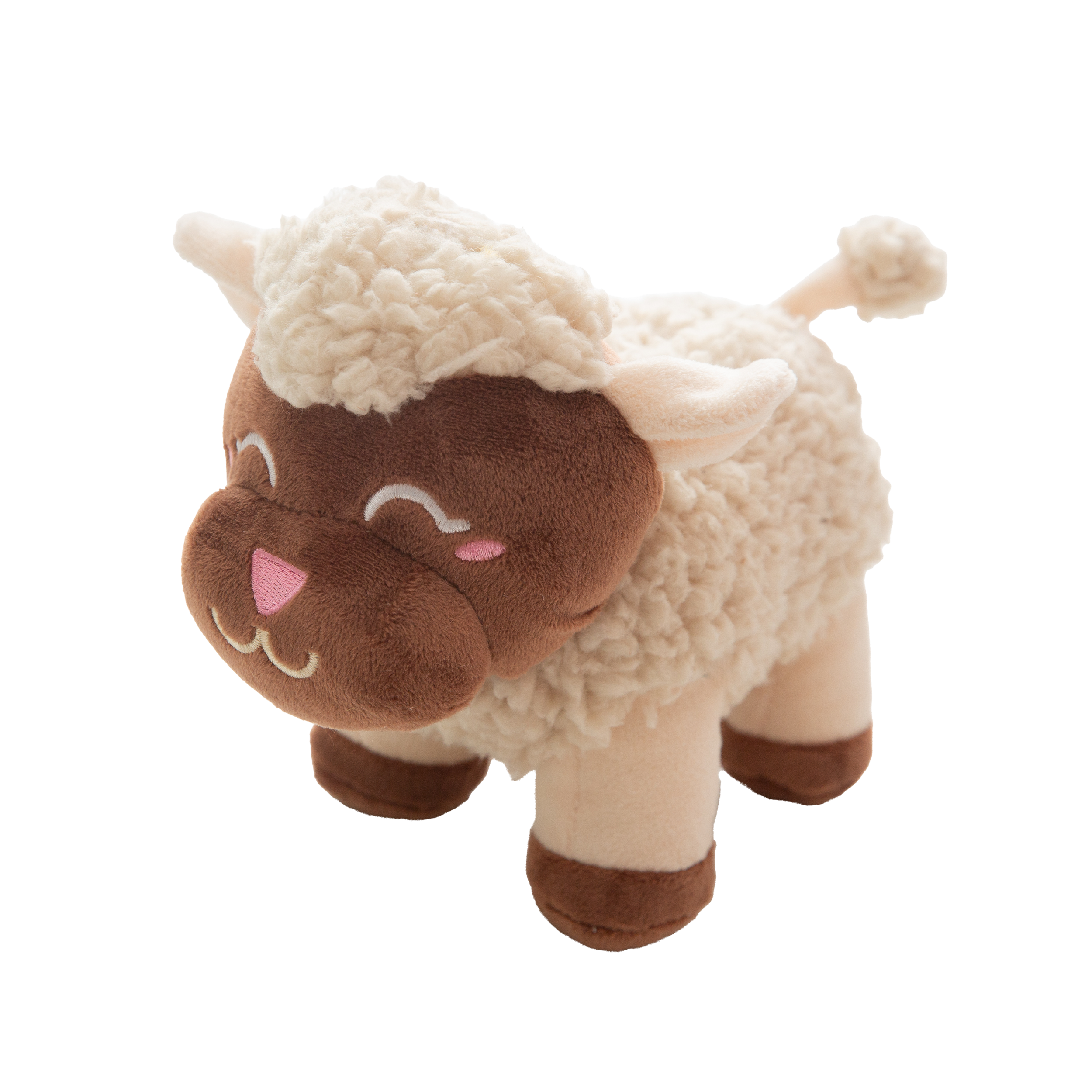 Fleece Witherspoon by Snugarooz is a soft, plush lamb with brown and cream fur, embroidered eyes, a pink nose, and blushing cheeks—perfect for nursery décor. It stands upright on four legs against a white background.