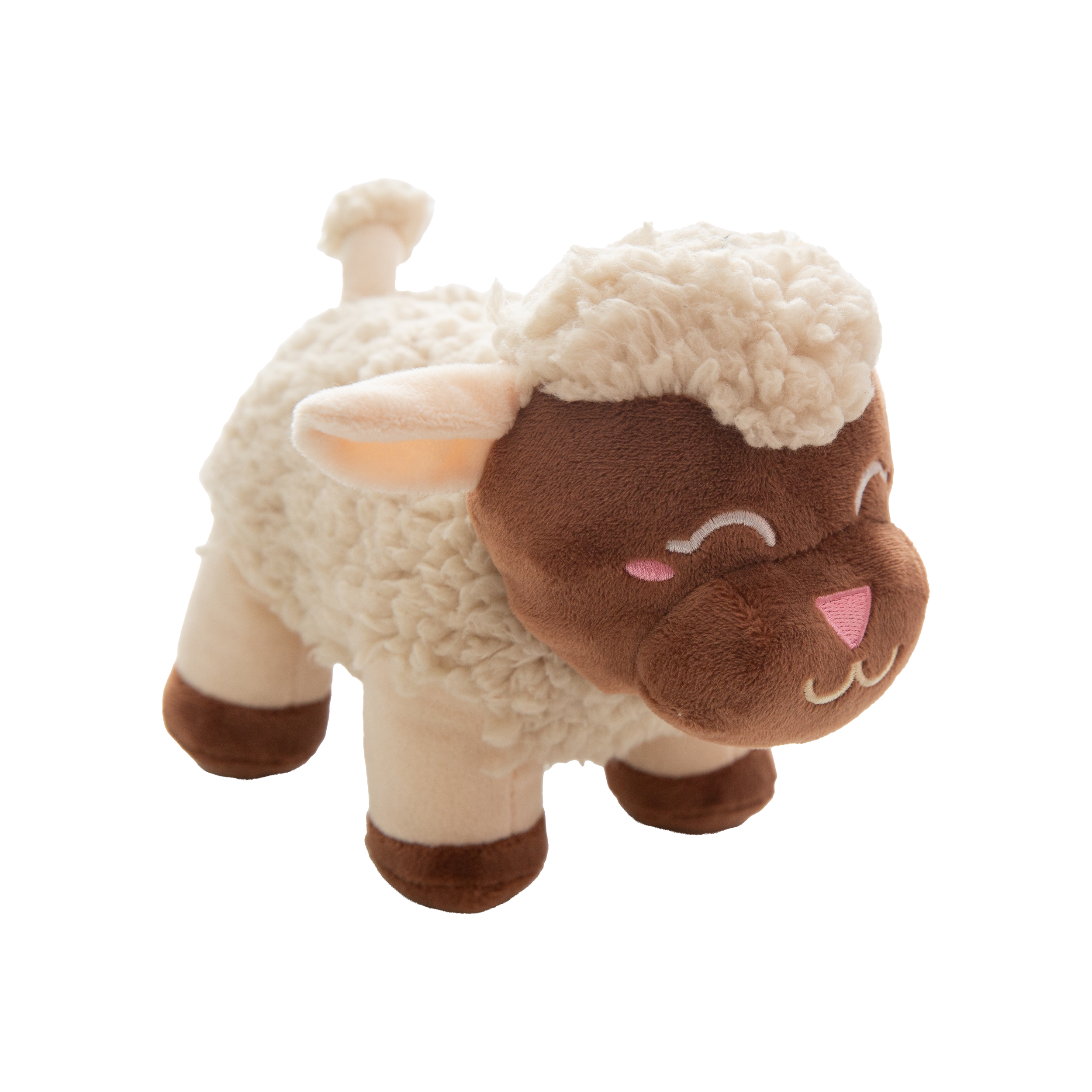 Fleece Witherspoon by Snugarooz is a soft, plush lamb with brown and cream fur, embroidered eyes, a pink nose, and blushing cheeks—perfect for nursery décor. It stands upright on four legs against a white background.