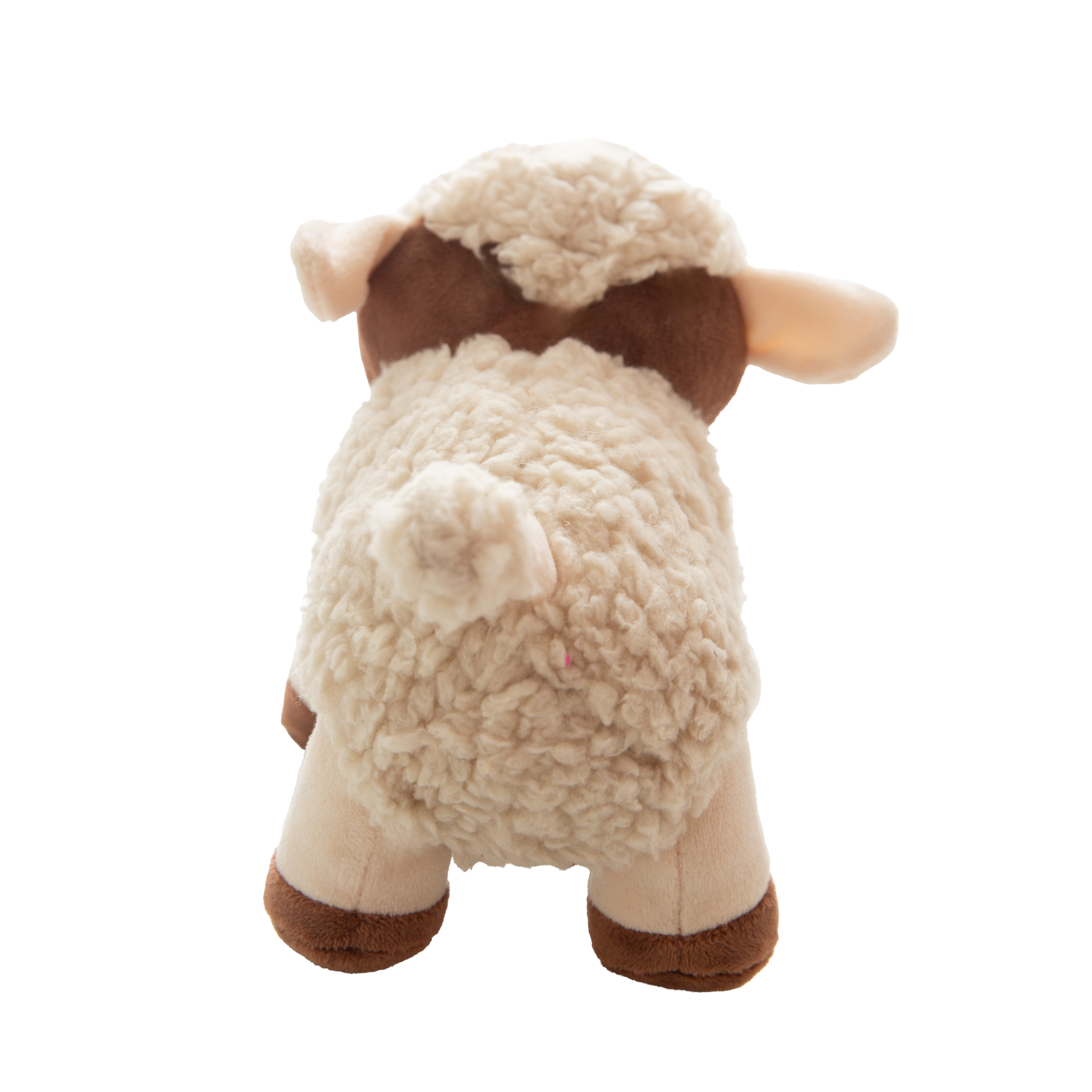 Fleece Witherspoon by Snugarooz is a soft, plush lamb with brown and cream fur, embroidered eyes, a pink nose, and blushing cheeks—perfect for nursery décor. It stands upright on four legs against a white background.